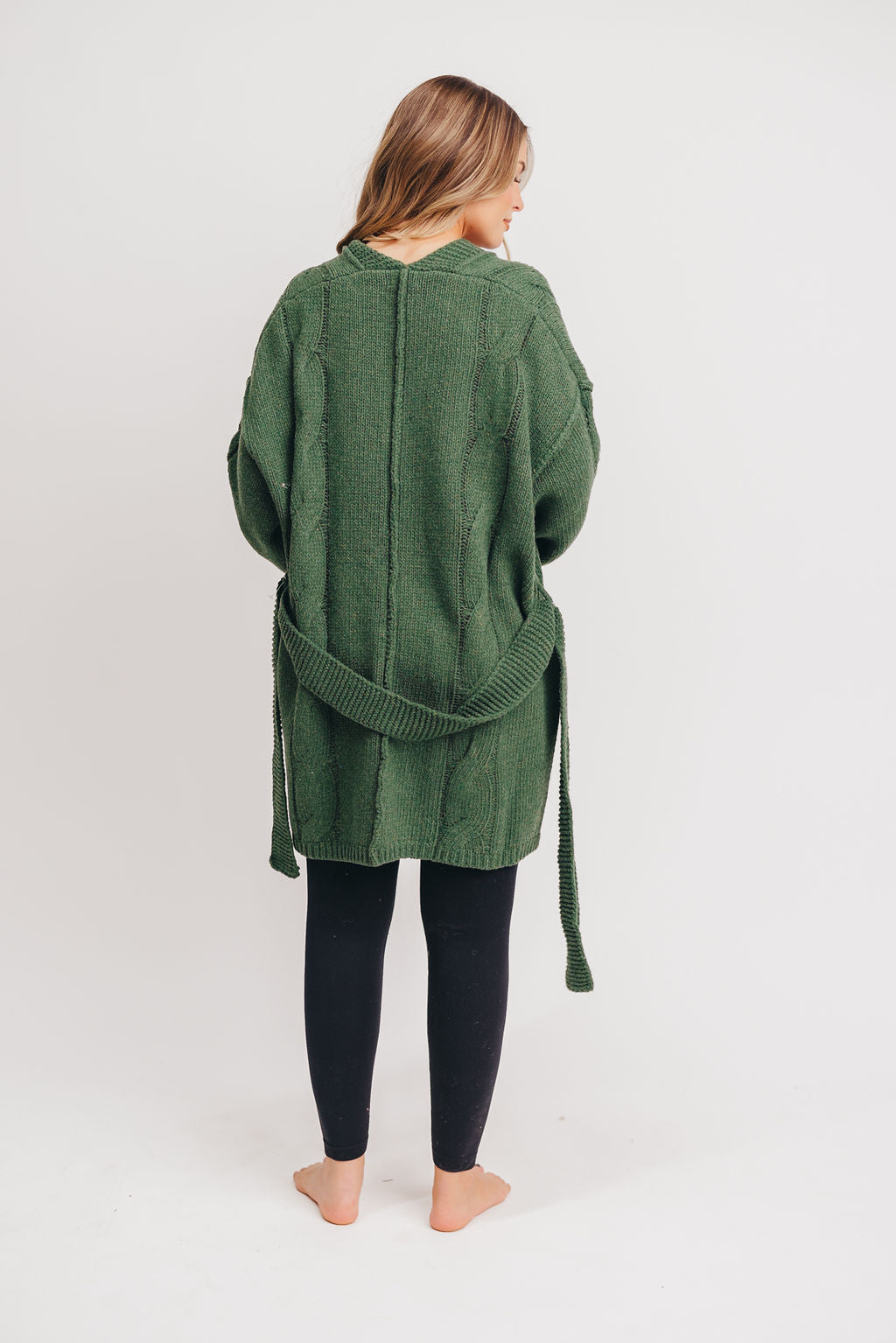 Pueblo Open Front Cable Knit Cardigan with Belt in Green
