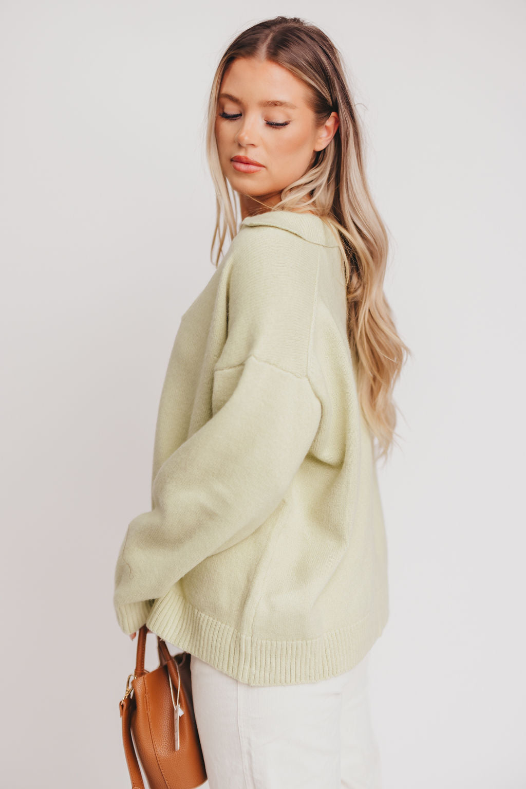 Stratford Collared V-Neck Sweater in Pale Sage