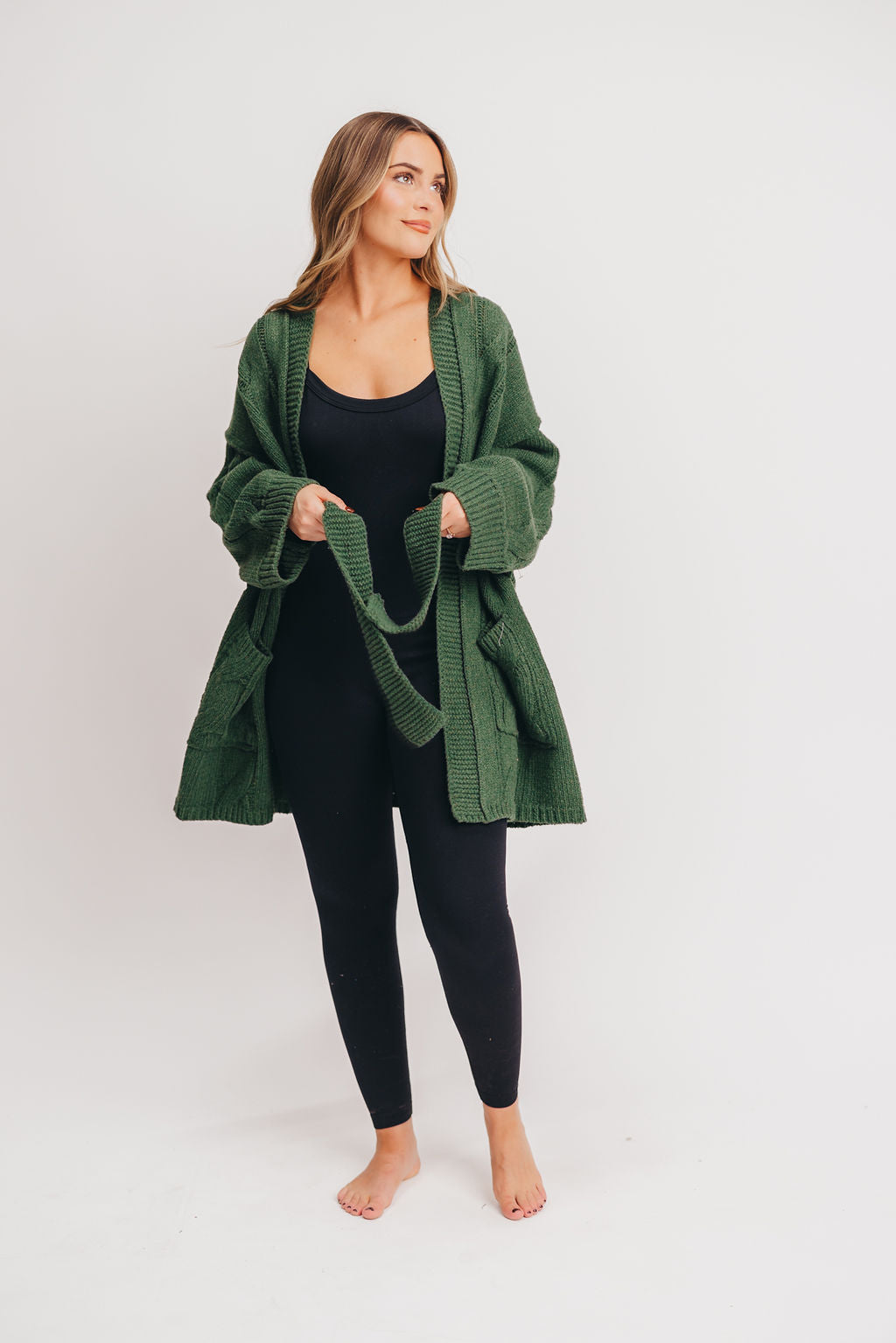 Pueblo Open Front Cable Knit Cardigan with Belt in Green