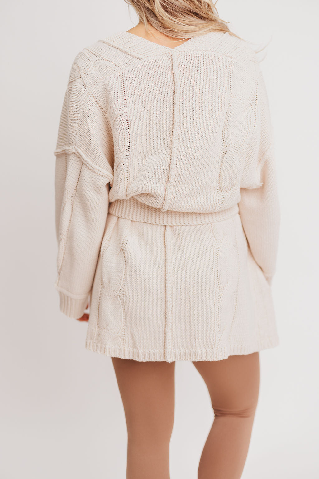 Pueblo Open Front Cable Knit Cardigan with Belt in Beige