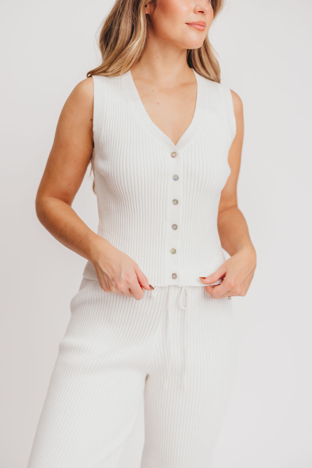 Penelope Ribbed Knit Vest and Pant Set in White