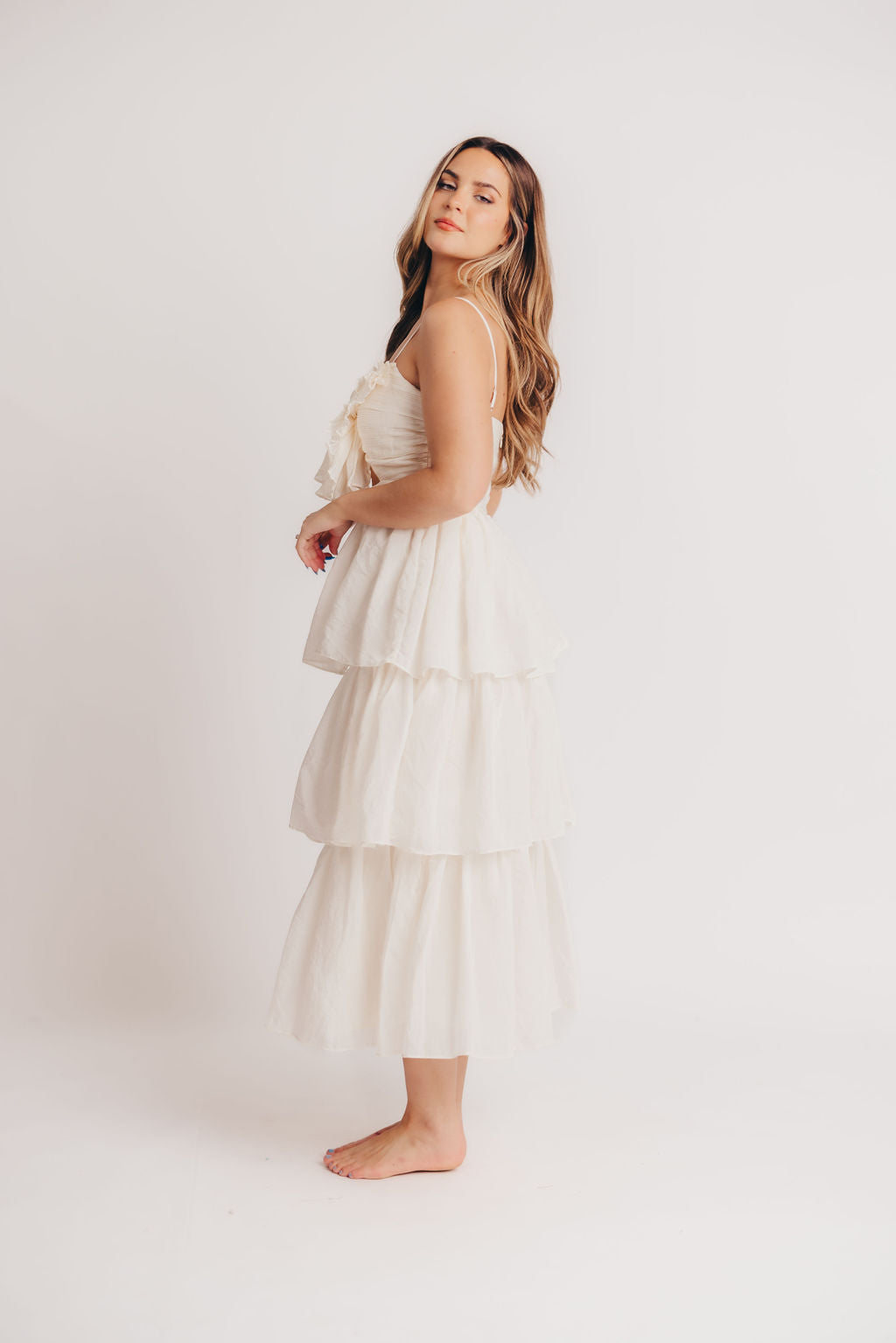 Scout Tiered Midi Dress with Bow Detail in Natural