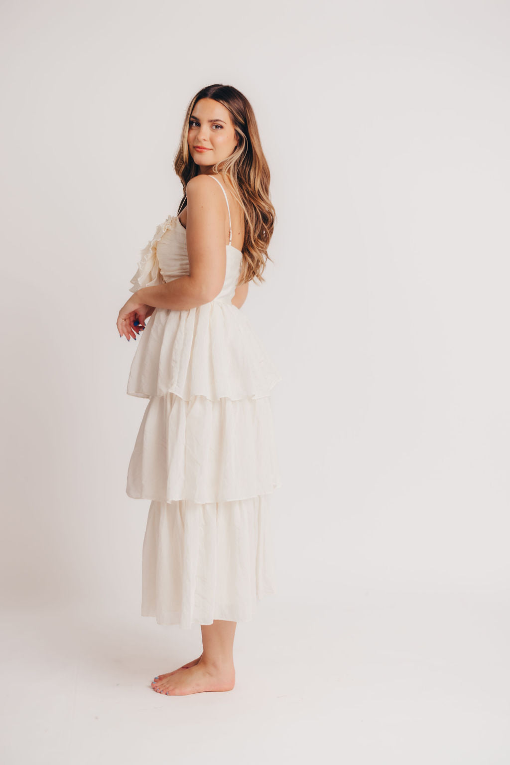 Scout Tiered Midi Dress with Bow Detail in Natural
