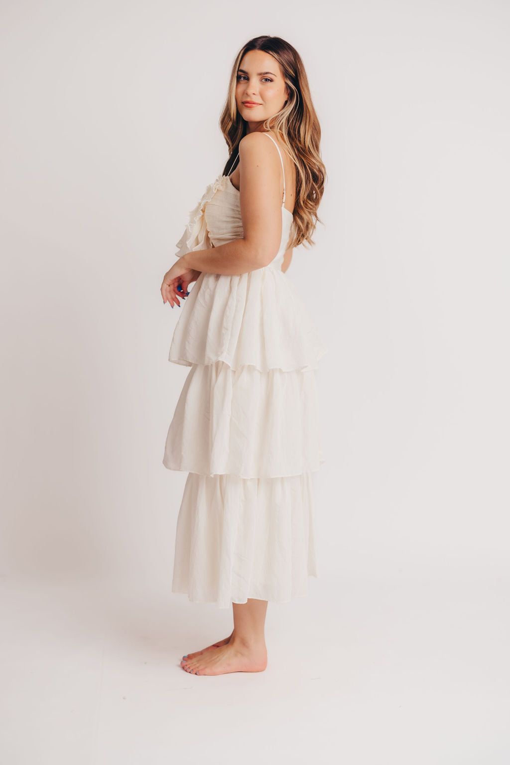 Scout Tiered Midi Dress with Bow Detail in Natural