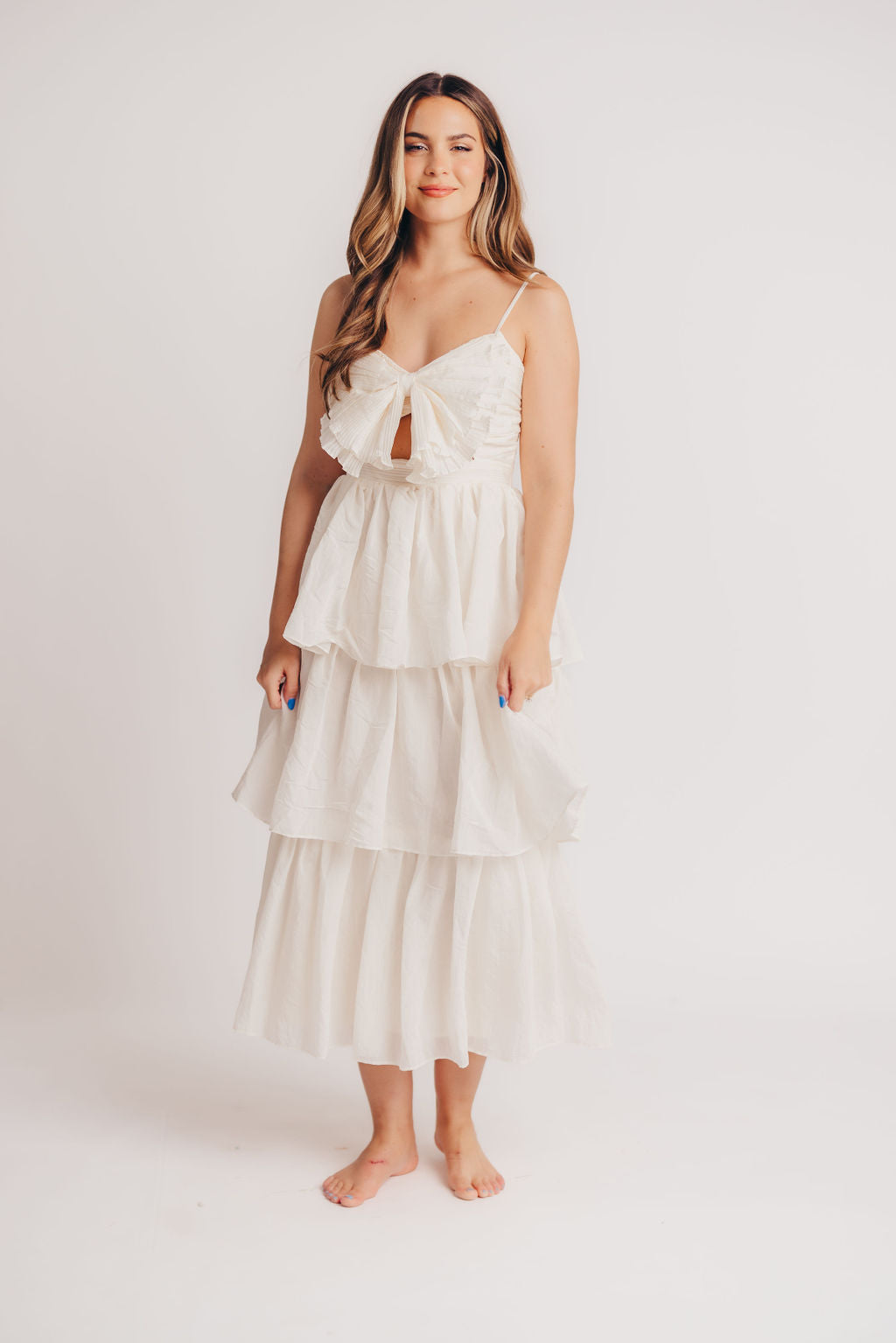 Scout Tiered Midi Dress with Bow Detail in Natural