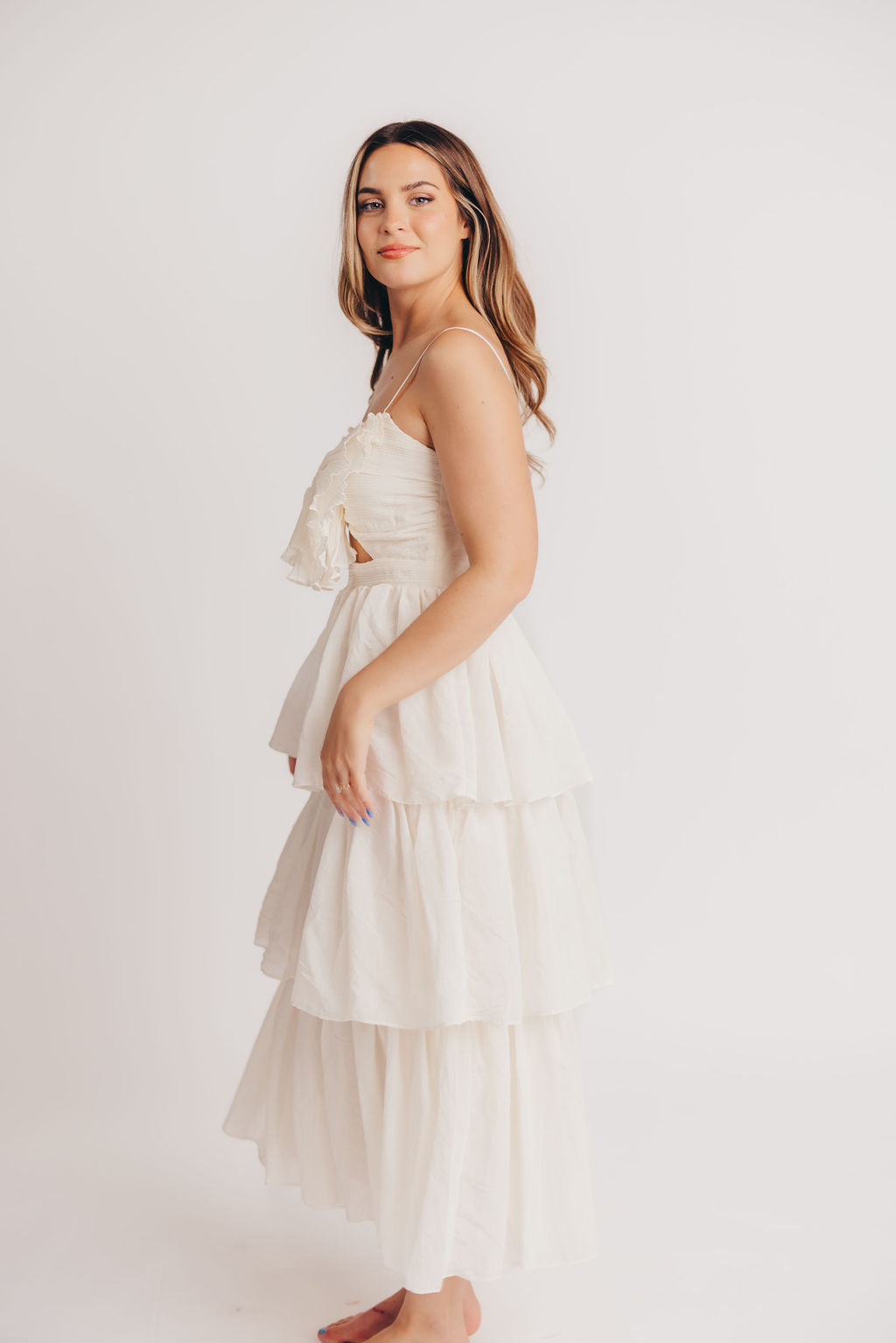 Scout Tiered Midi Dress with Bow Detail in Natural