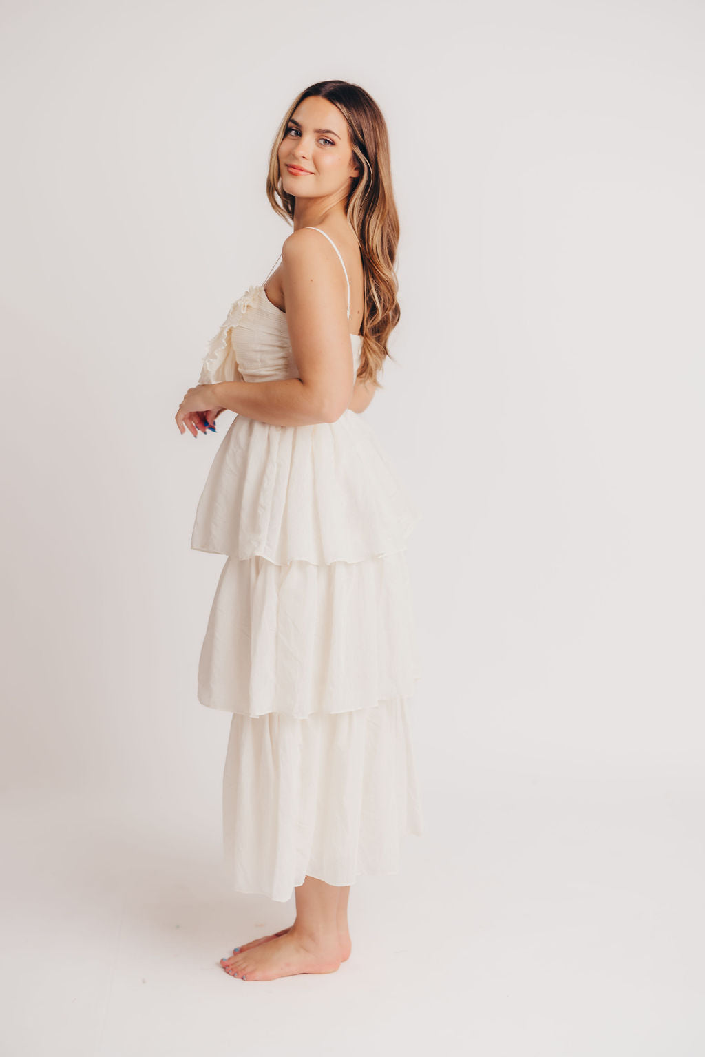 Scout Tiered Midi Dress with Bow Detail in Natural