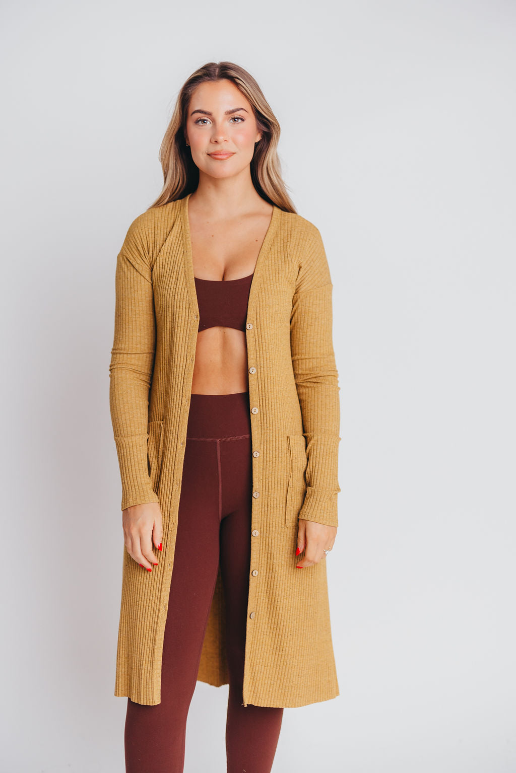 Kennedy Long Sleeved Ribbed Cardigan Dress in Light Camel - Bump Friendly