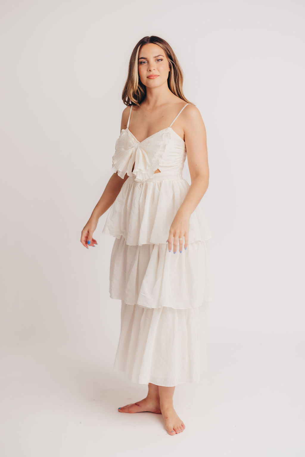 Scout Tiered Midi Dress with Bow Detail in Natural