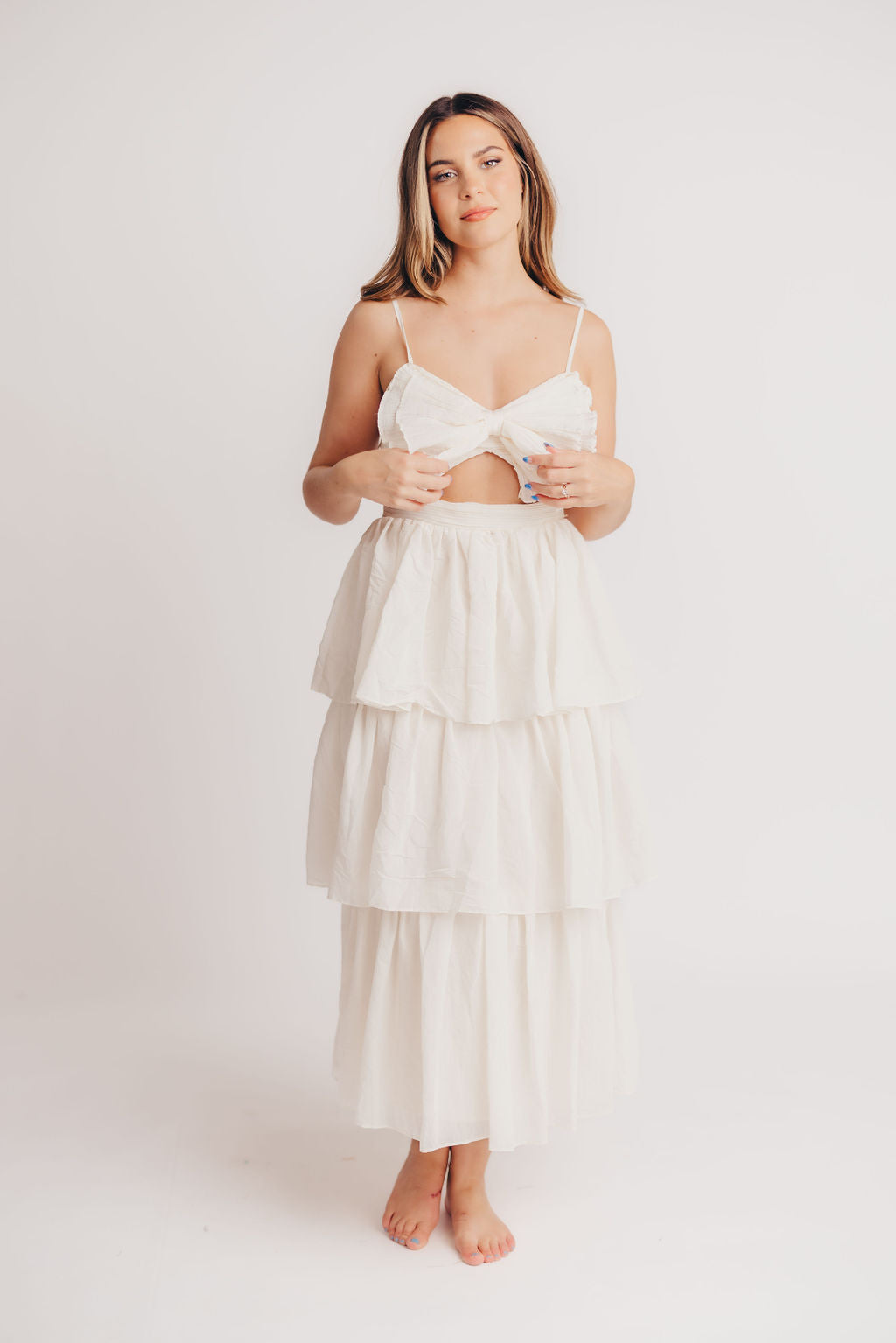 Scout Tiered Midi Dress with Bow Detail in Natural