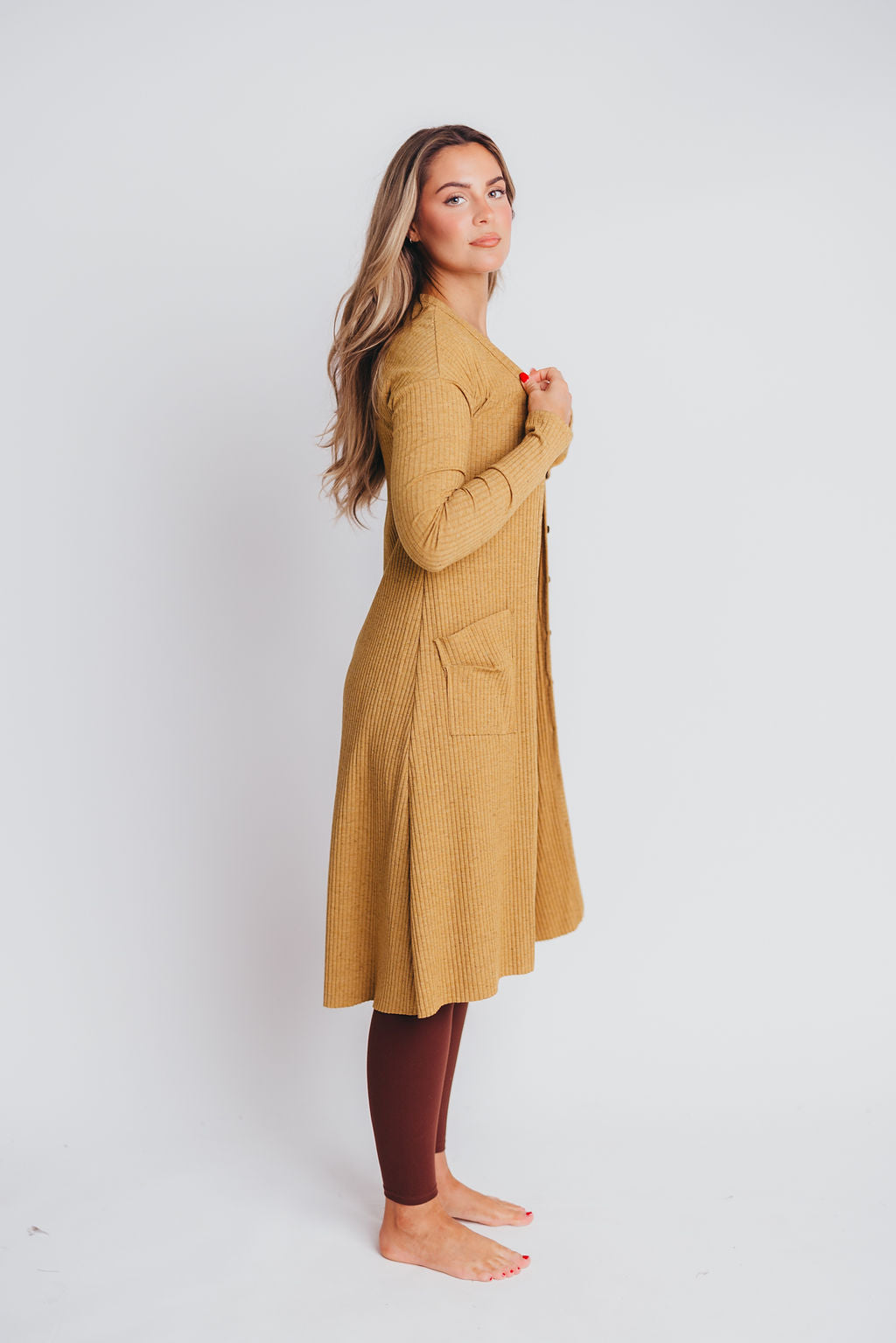 Kennedy Long Sleeved Ribbed Cardigan Dress in Light Camel - Bump Friendly
