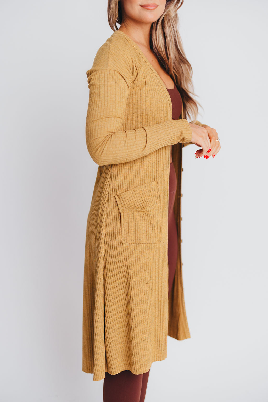 Kennedy Long Sleeved Ribbed Cardigan Dress in Light Camel - Bump Friendly