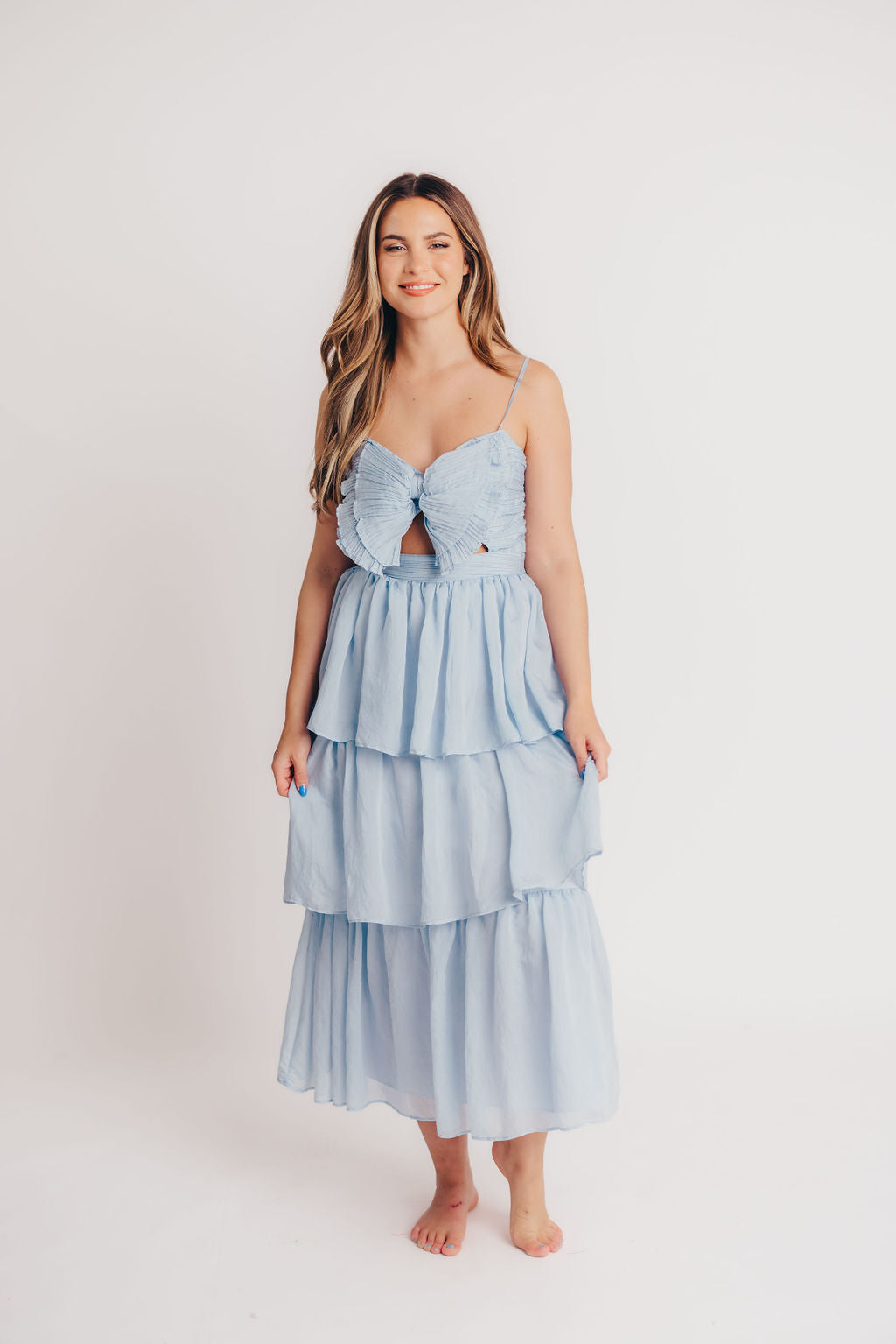 Scout Tiered Midi Dress with Bow Detail in Blue