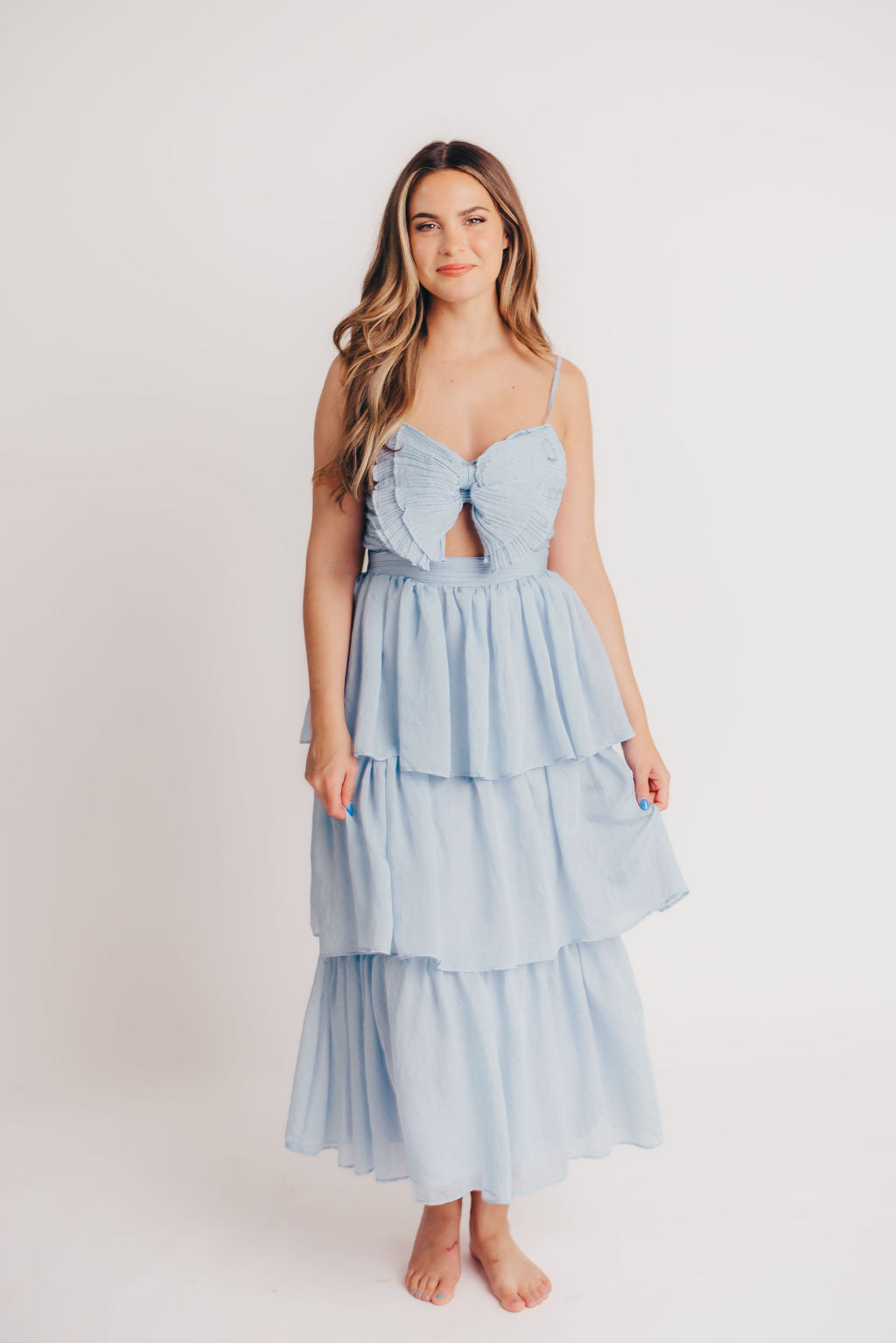 Scout Tiered Midi Dress with Bow Detail in Blue