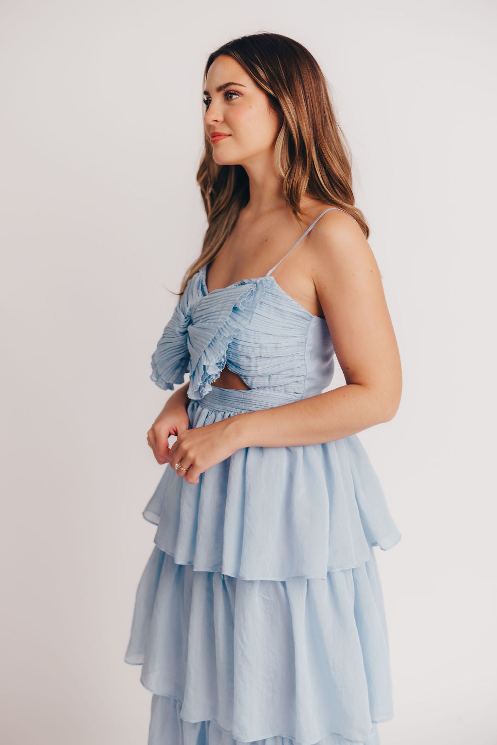 Scout Tiered Midi Dress with Bow Detail in Blue