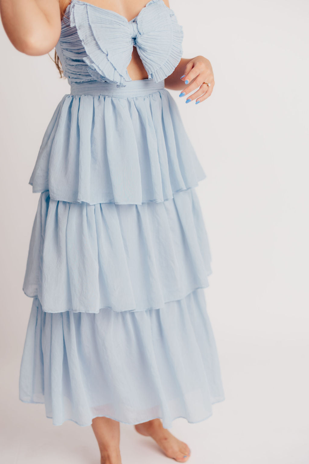 Scout Tiered Midi Dress with Bow Detail in Blue