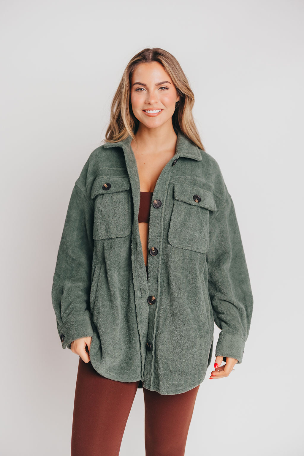Premium Worth Collective Teddy Shacket in Evergreen