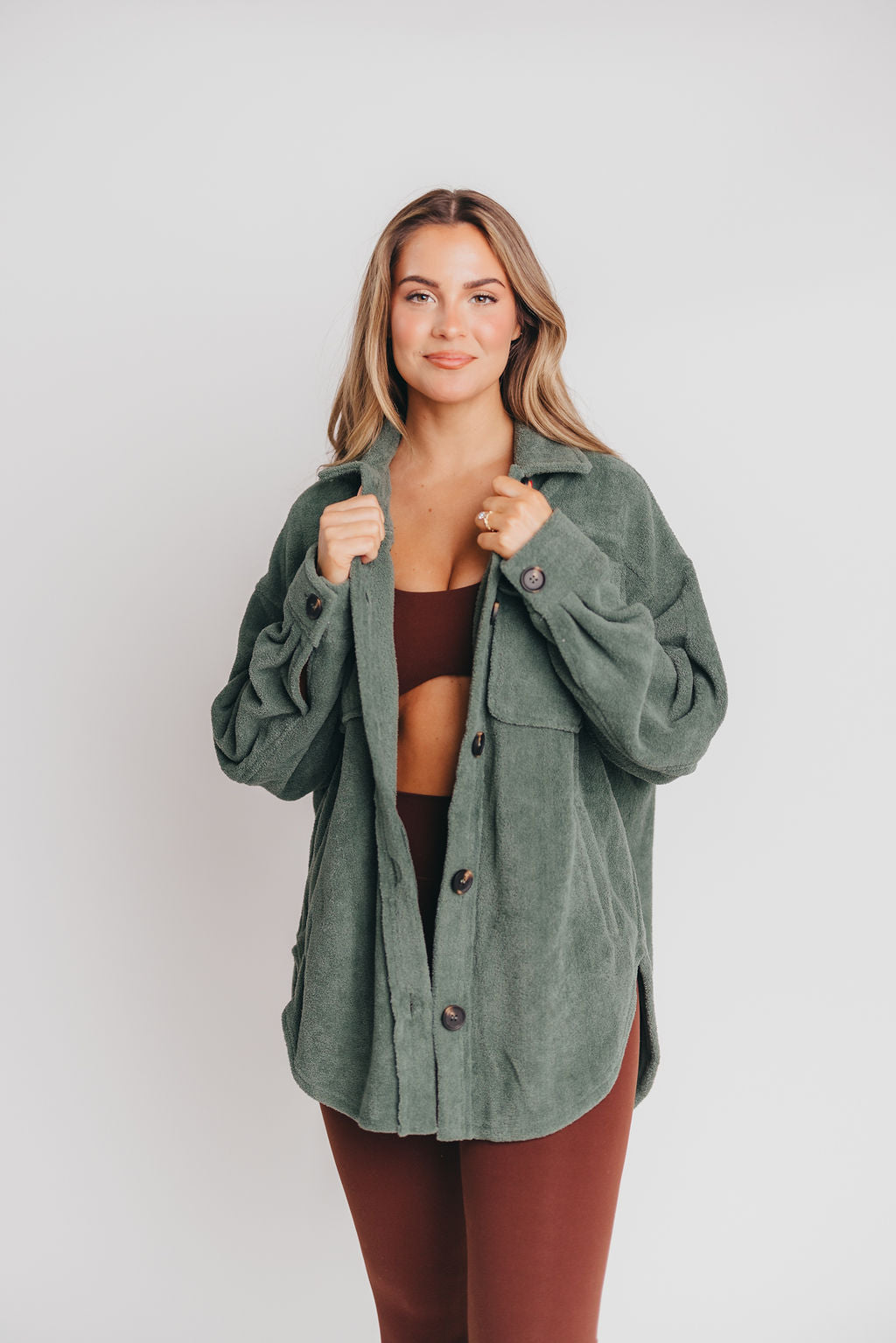 Premium Worth Collective Teddy Shacket in Evergreen