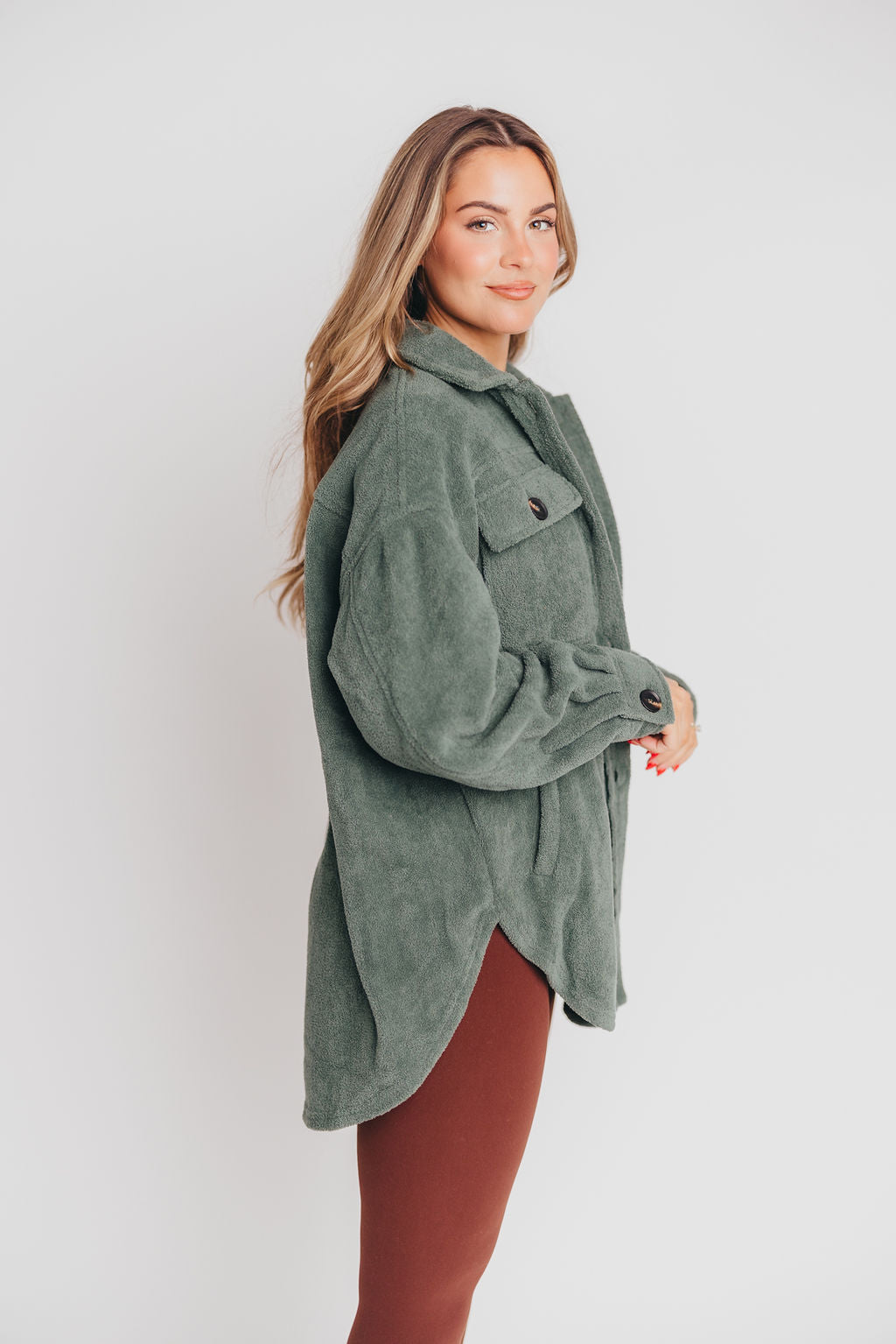 Premium Worth Collective Teddy Shacket in Evergreen