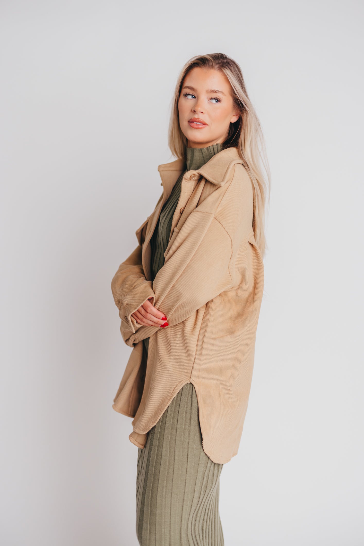 Soft and Lofty Corduroy Shirt Jacket in Camel