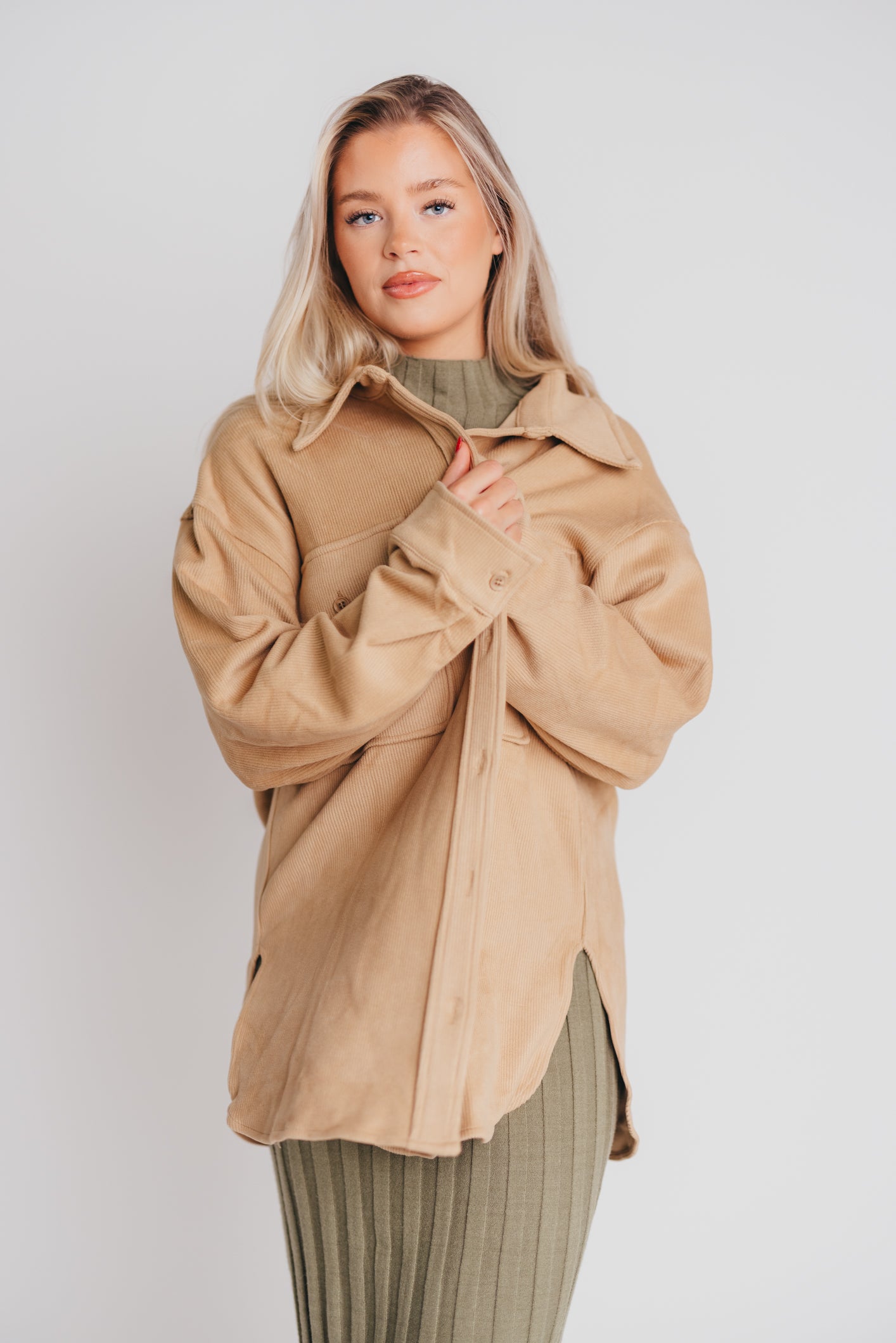 Soft and Lofty Corduroy Shirt Jacket in Camel