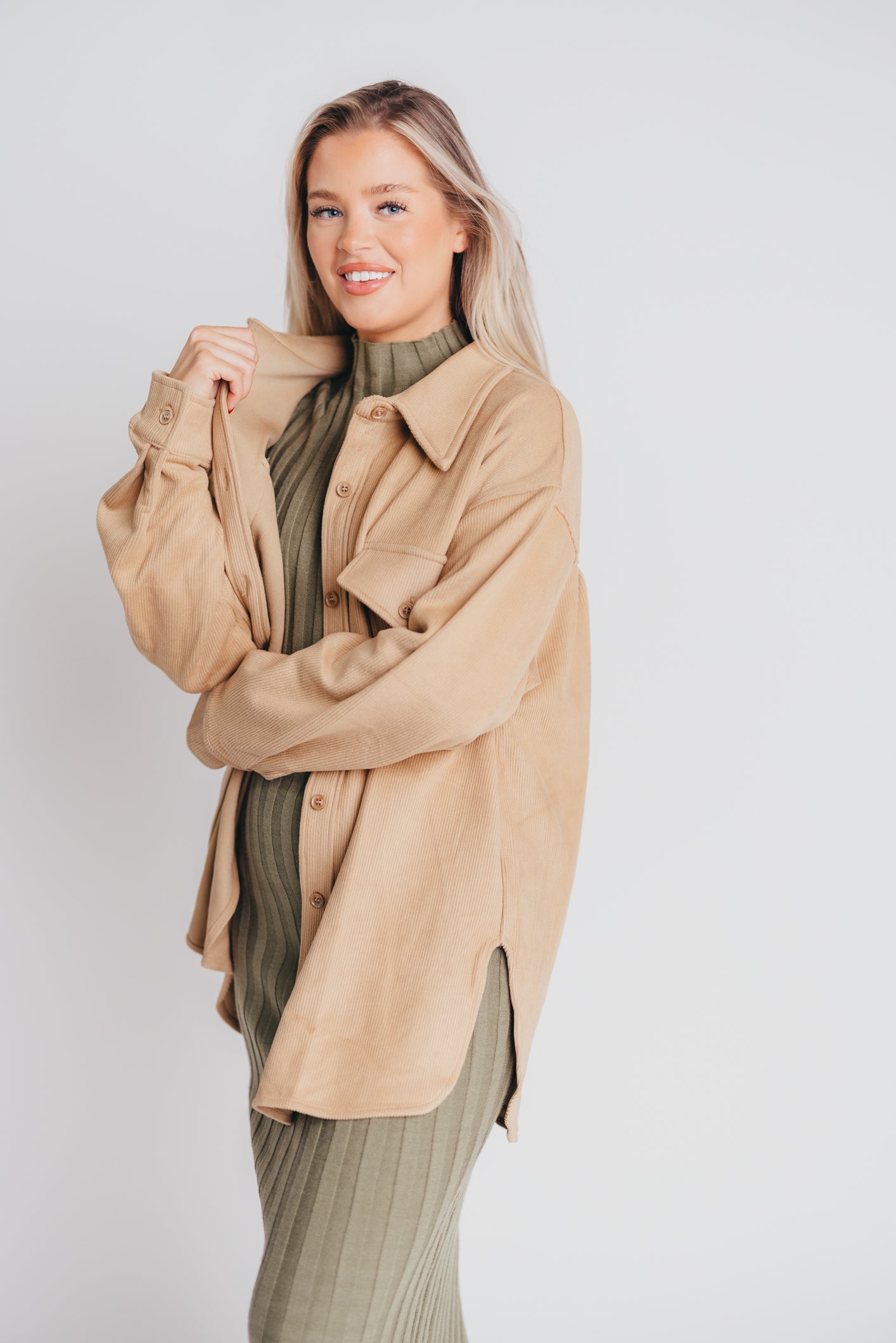Soft and Lofty Corduroy Shirt Jacket in Camel