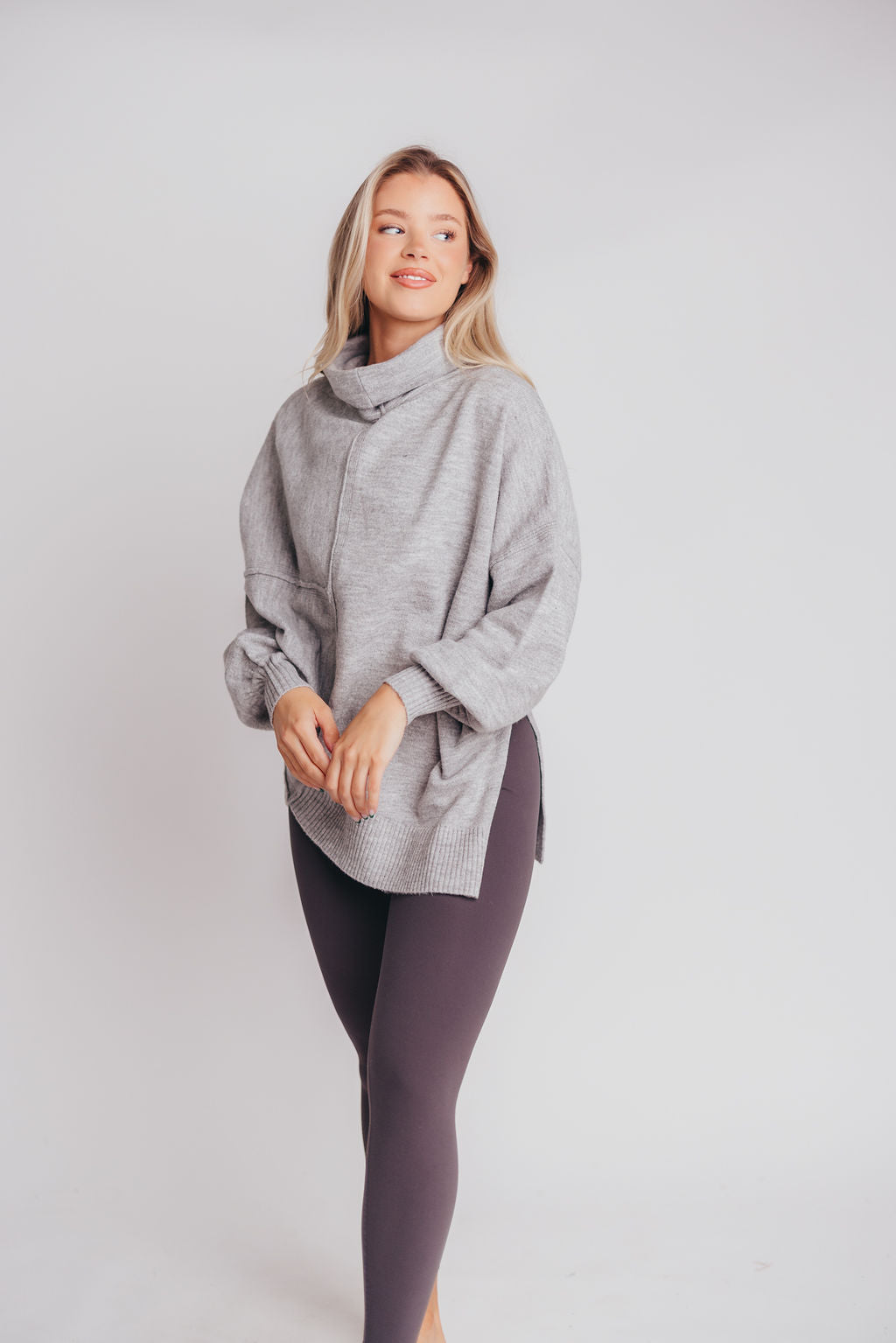 Deco Exposed Seam Turtleneck Sweater in Heather Grey