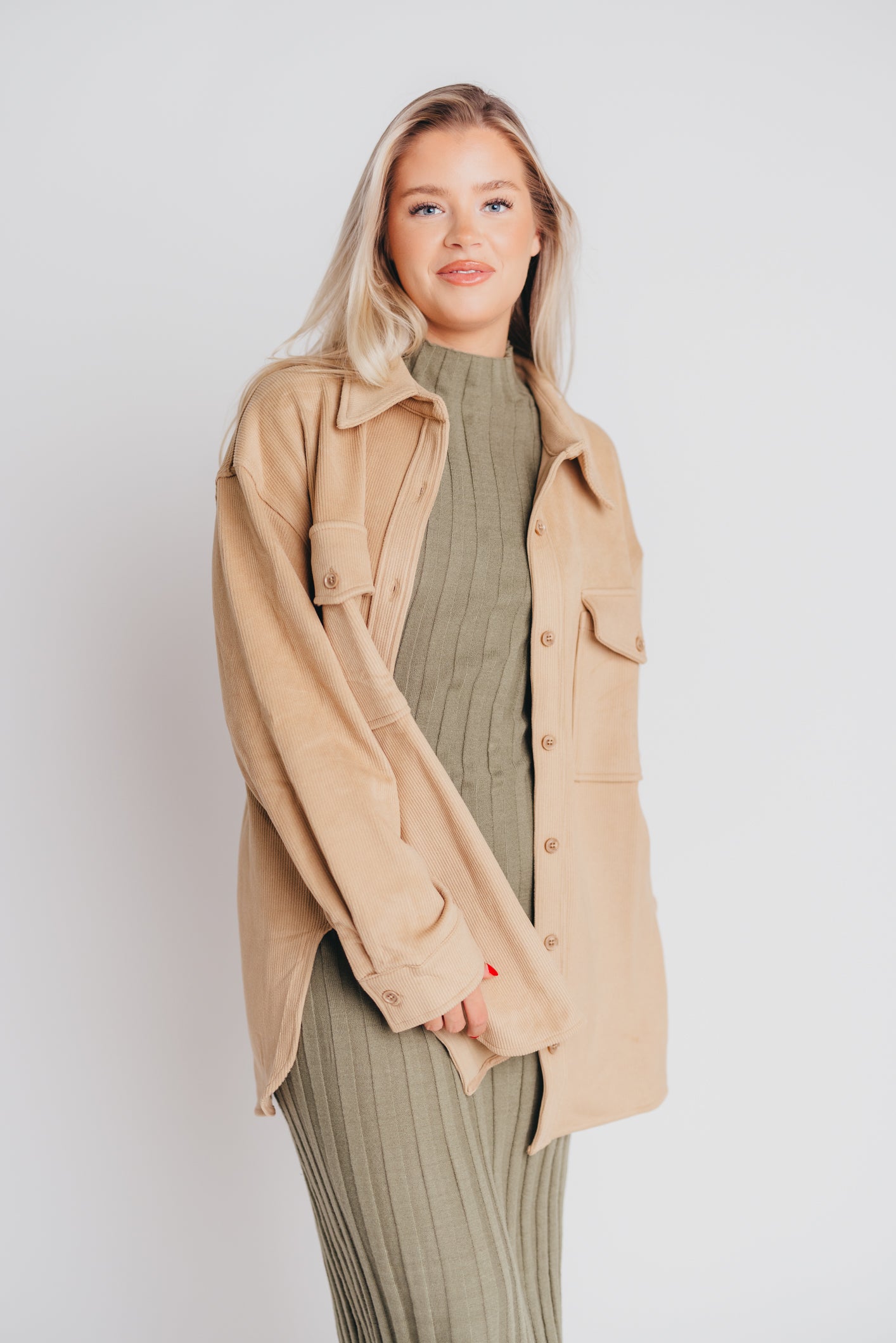 Soft and Lofty Corduroy Shirt Jacket in Camel