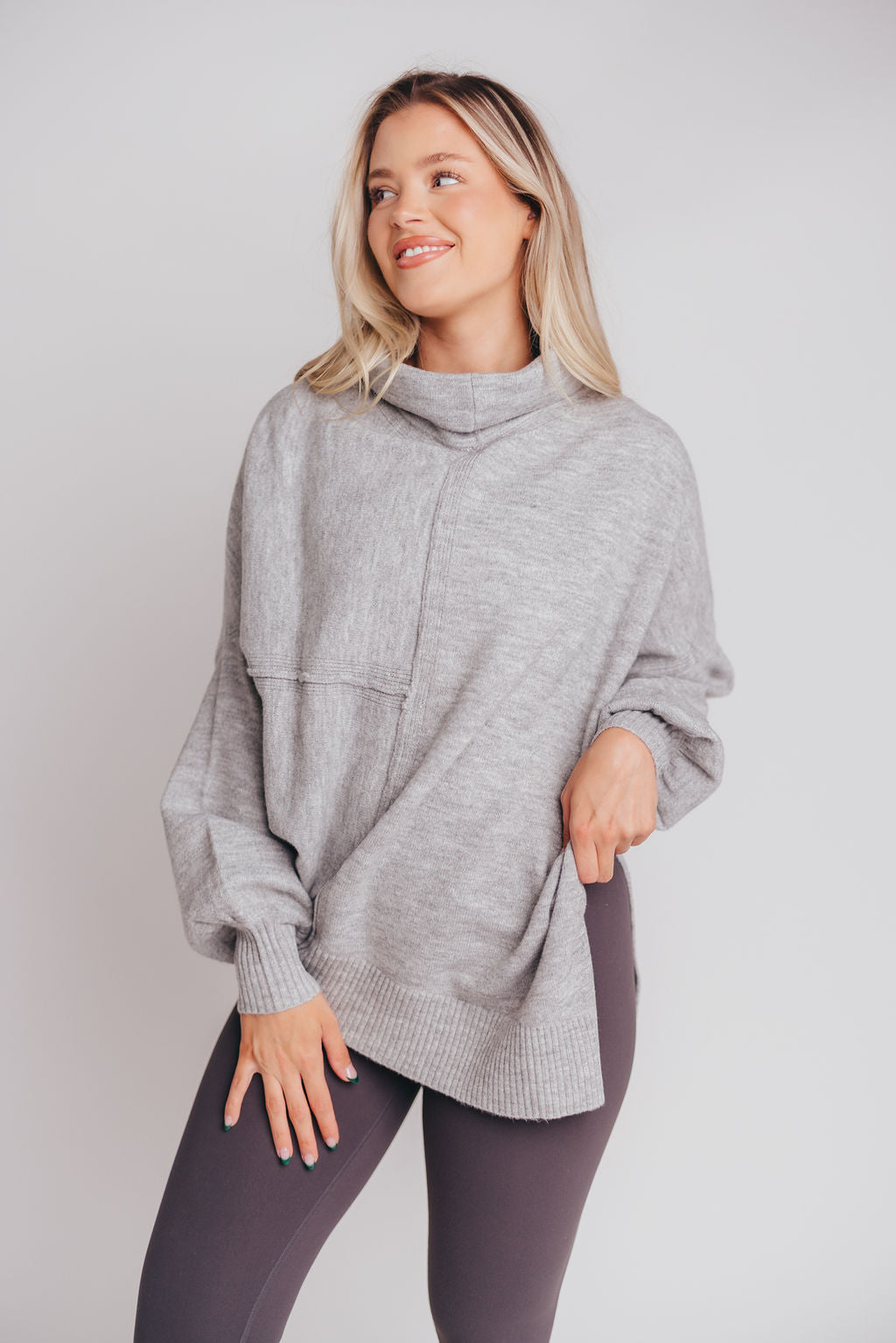 Deco Exposed Seam Turtleneck Sweater in Heather Grey