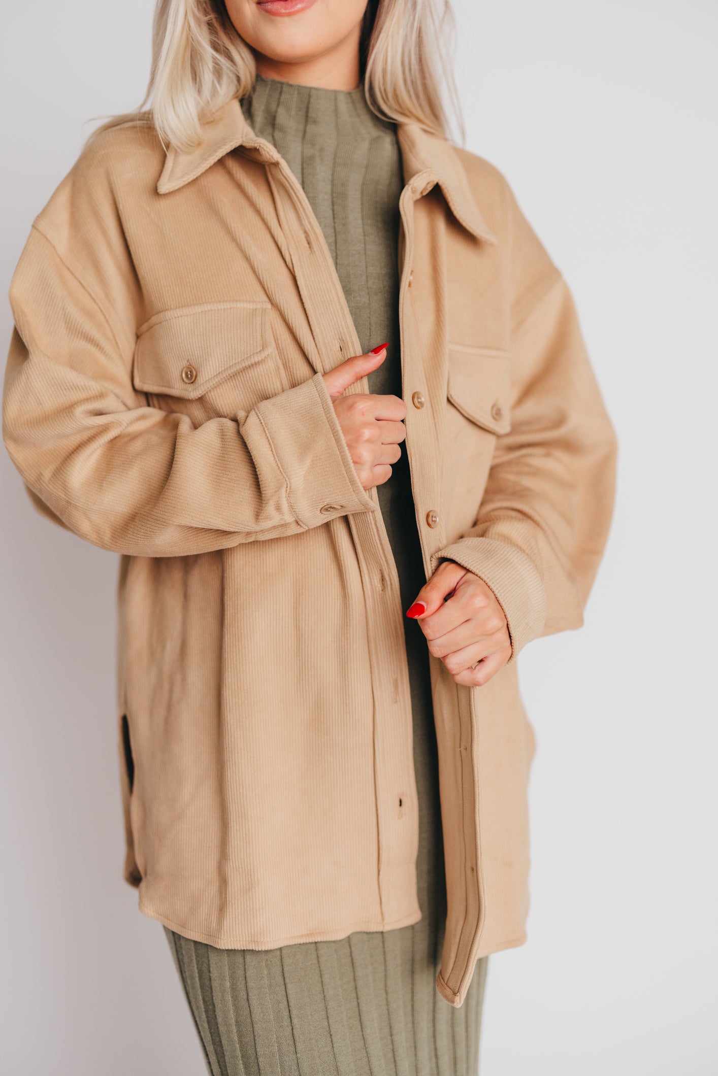Soft and Lofty Corduroy Shirt Jacket in Camel