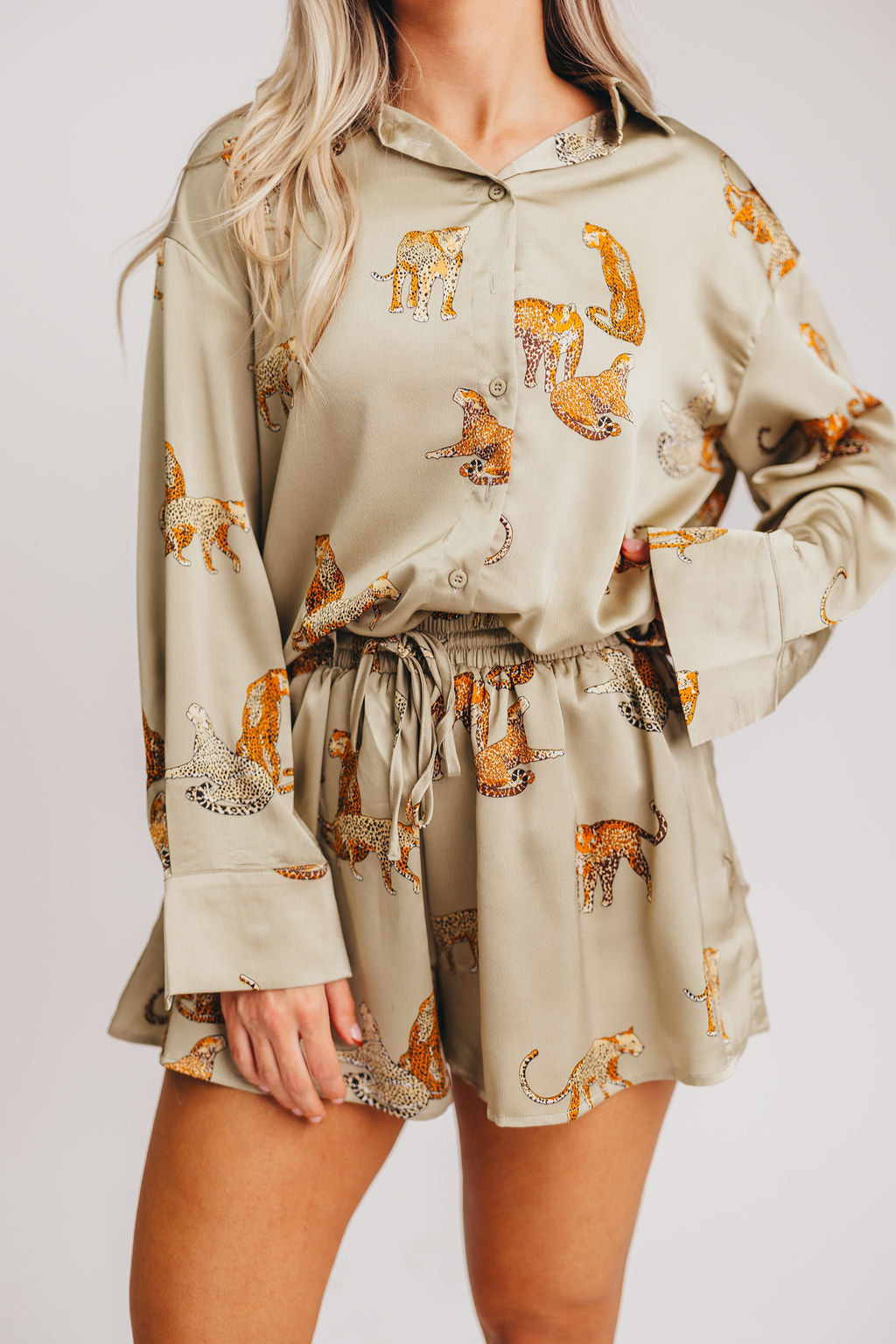 Cheetah Satin Print Shirt and Shorts Set in Light Olive