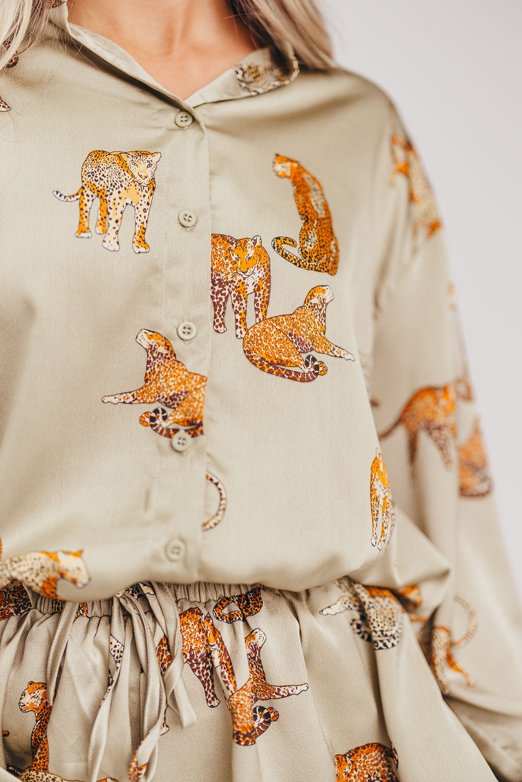 Cheetah Satin Print Shirt and Shorts Set in Light Olive