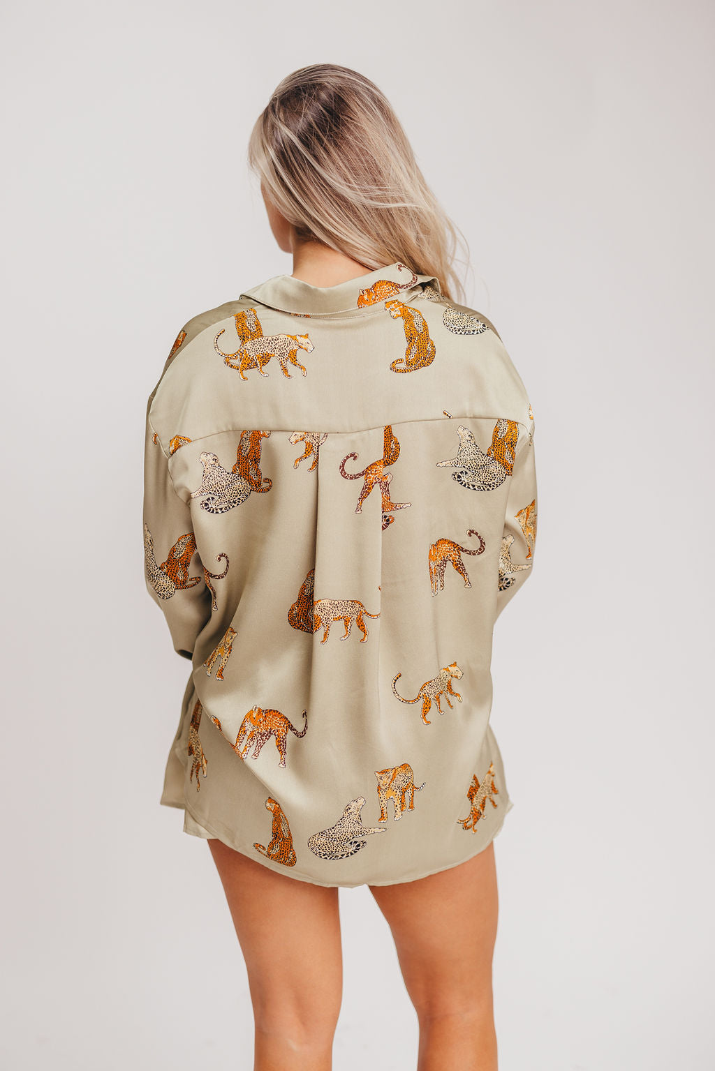 Cheetah Satin Print Shirt and Shorts Set in Light Olive