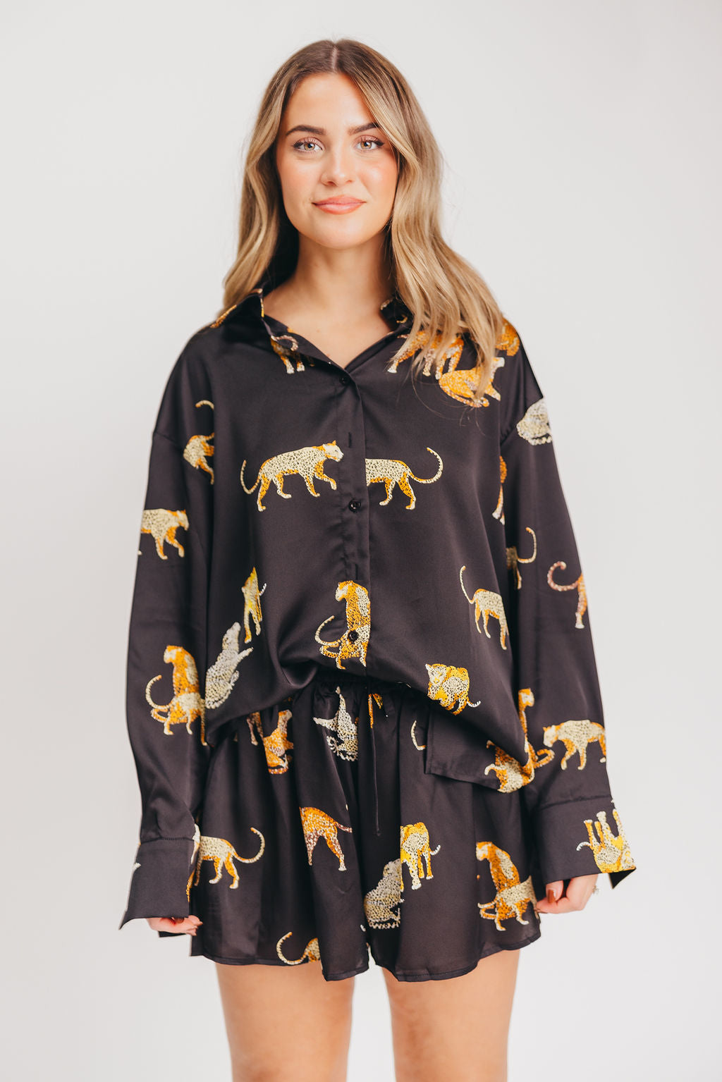 Cheetah Satin Print Shirt and Shorts Set in Black