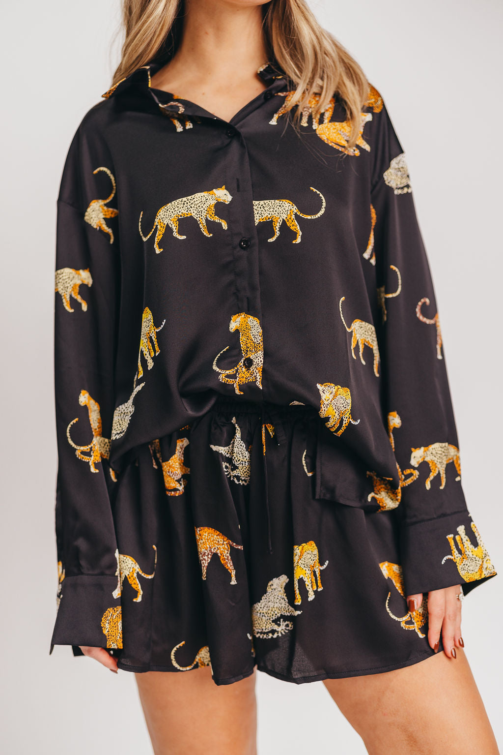 Cheetah Satin Print Shirt and Shorts Set in Black