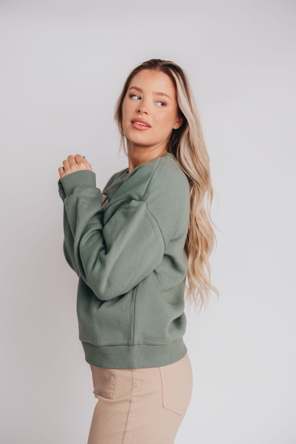 London Calling Boucle Letter Patch Sweatshirt in Emerald