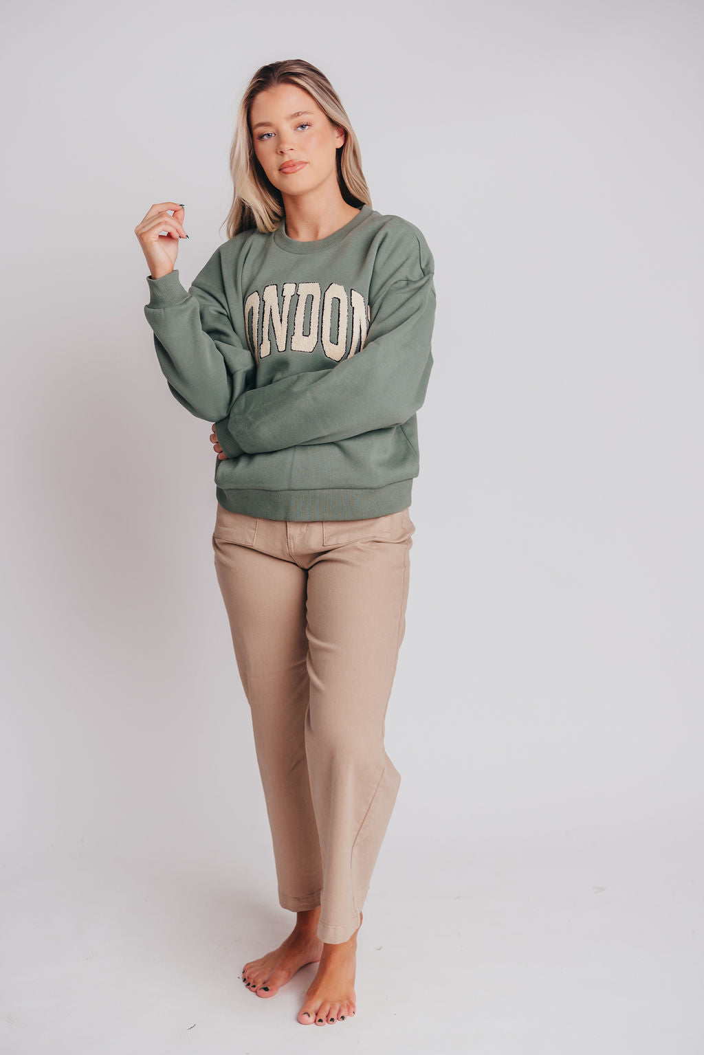 London Calling Boucle Letter Patch Sweatshirt in Emerald