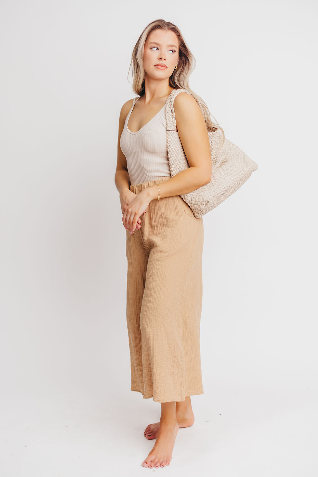 Arden Lightweight Flowy Gauze Cropped Pant in Taupe