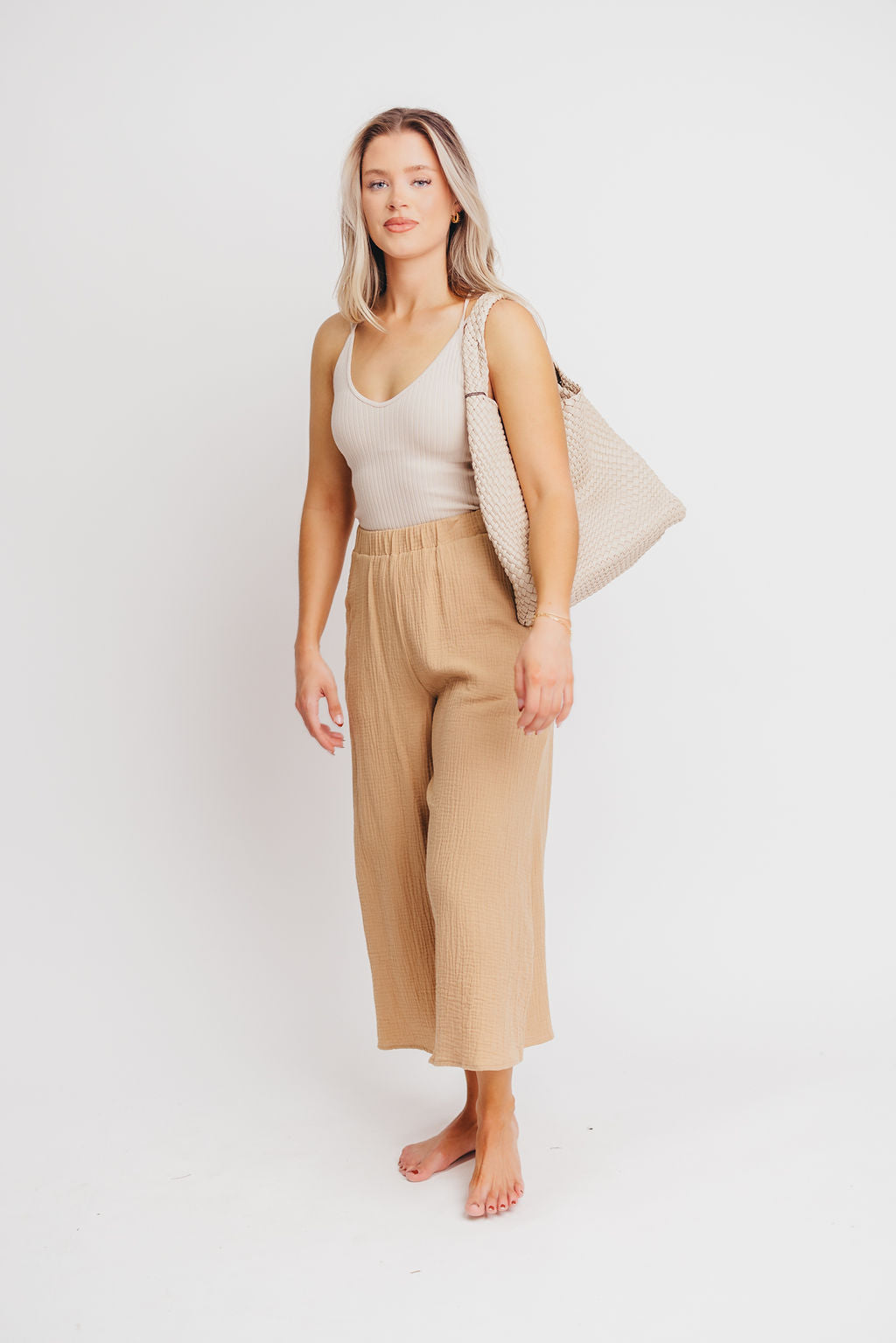 Arden Lightweight Flowy Gauze Cropped Pant in Taupe