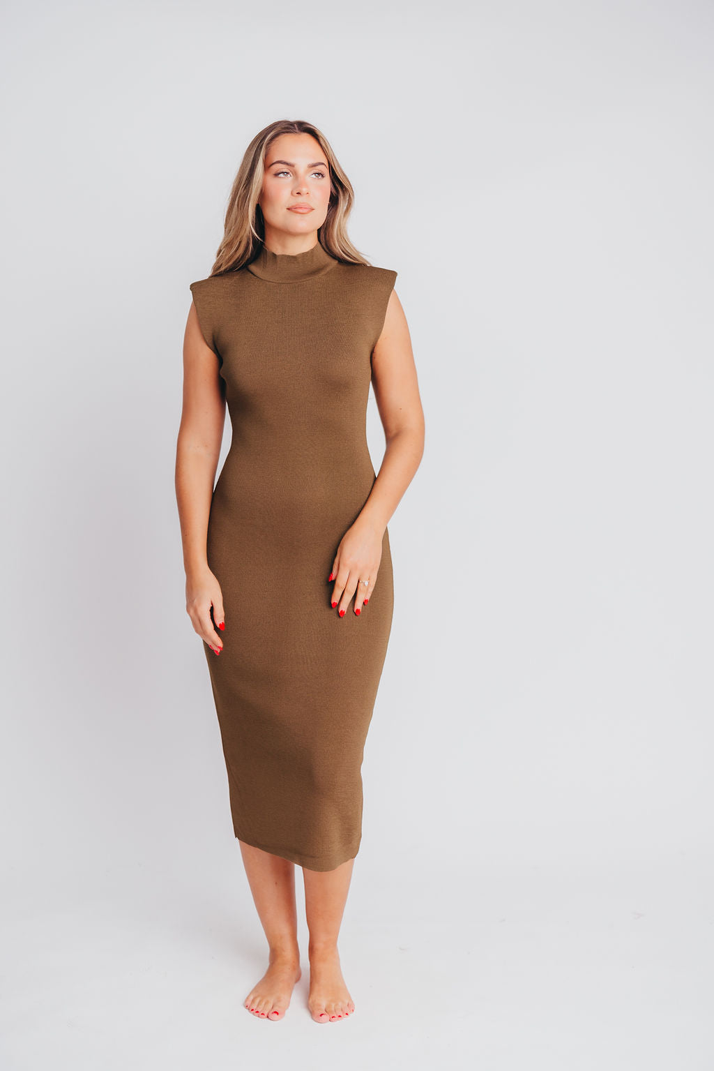 Alistaire Mock Neck Knit Dress in Earth Mud - Bump friendly