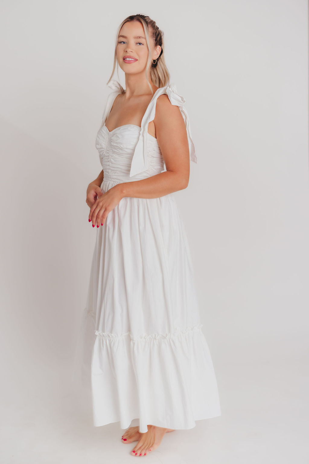 Thalia Ruched Midi Dress with Tie Shoulder in White - Bump Friendly