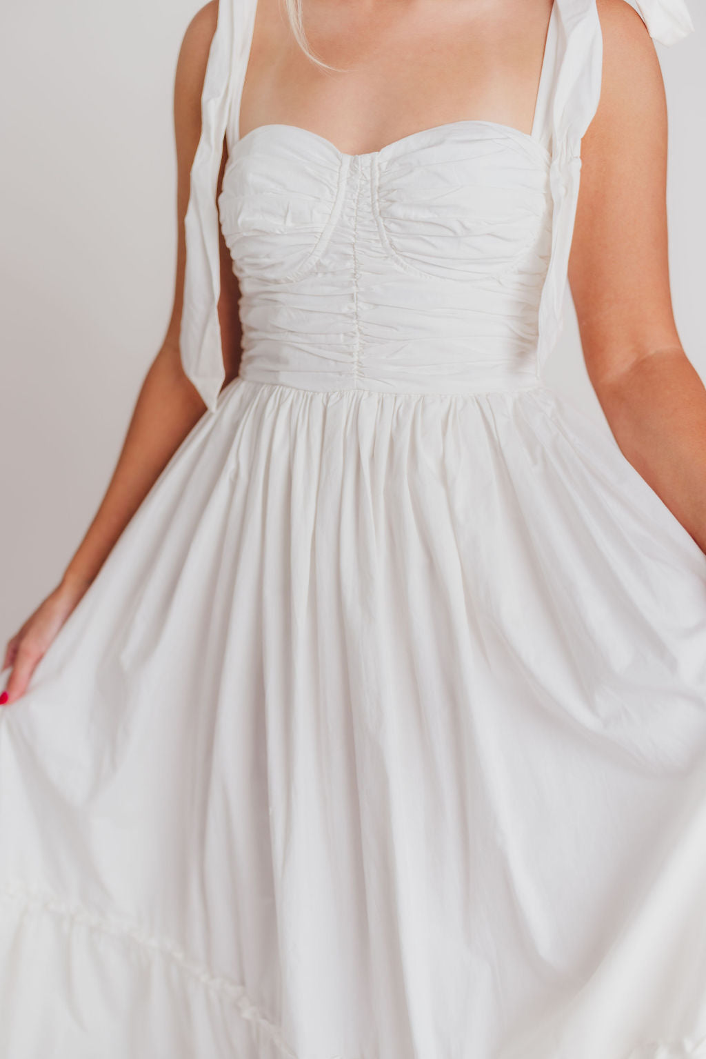 Thalia Ruched Midi Dress with Tie Shoulder in White - Bump Friendly
