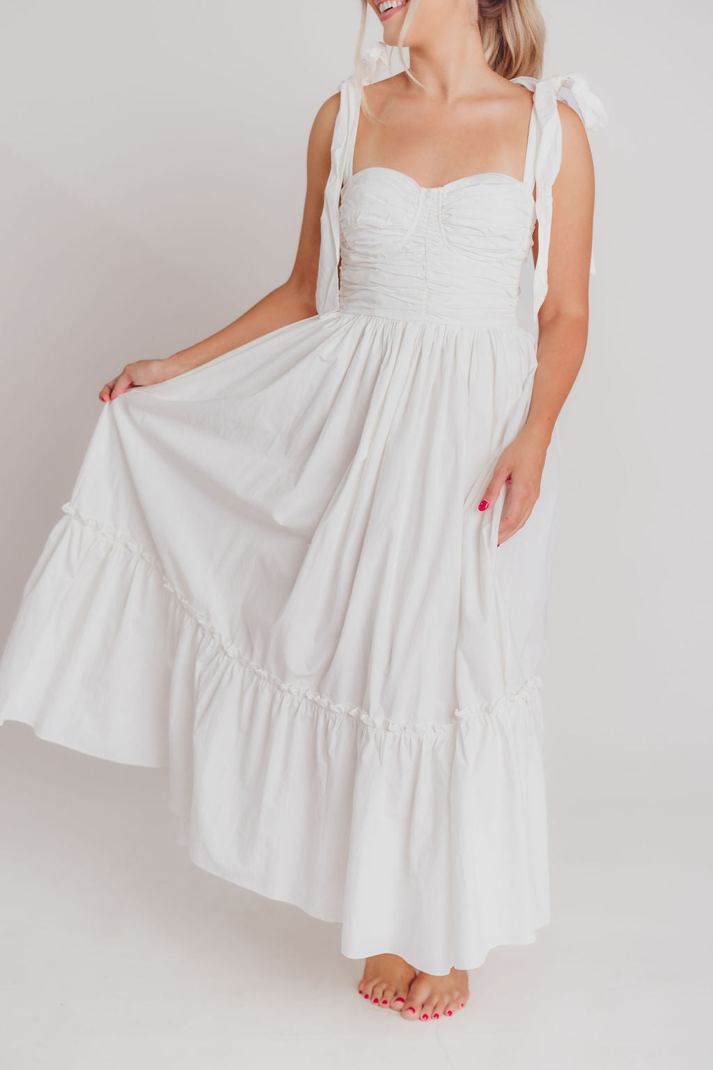Thalia Ruched Midi Dress with Tie Shoulder in White - Bump Friendly