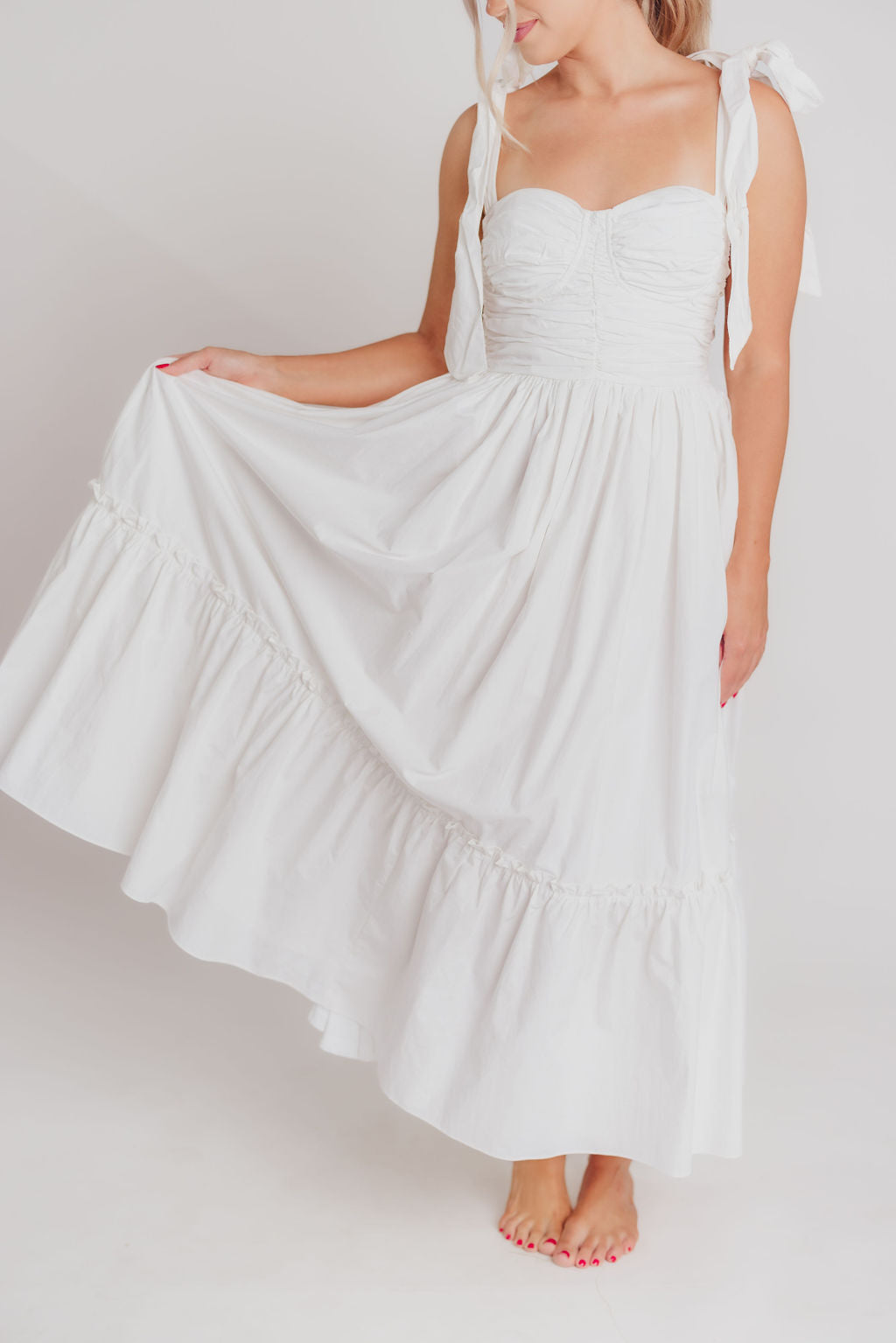 Thalia Ruched Midi Dress with Tie Shoulder in White - Bump Friendly