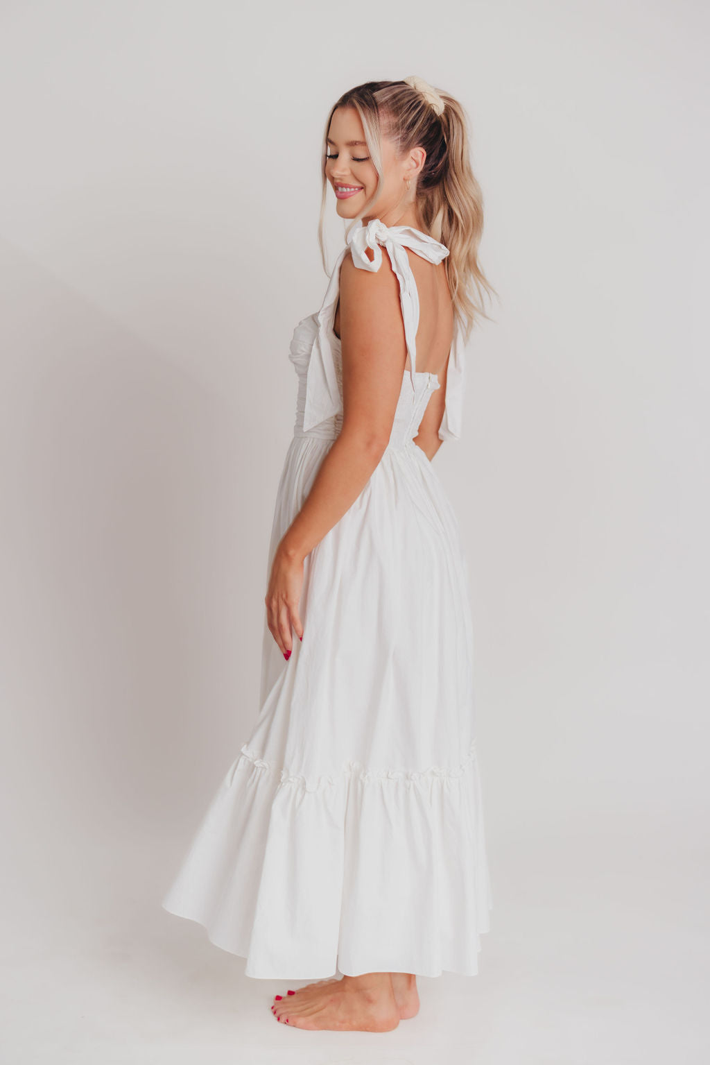 Thalia Ruched Midi Dress with Tie Shoulder in White - Bump Friendly