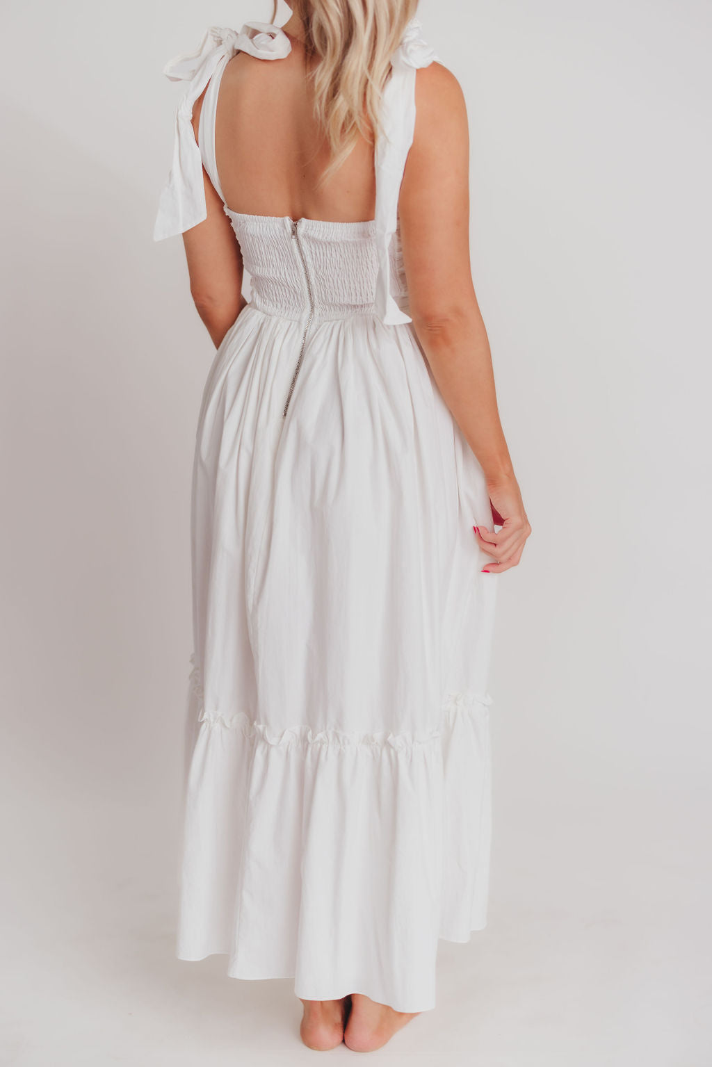 Thalia Ruched Midi Dress with Tie Shoulder in White - Bump Friendly