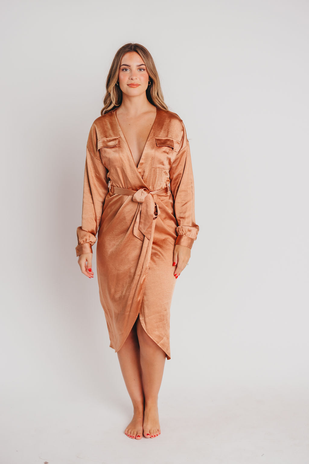 Stardust Satin Surplice Midi Dress in Dusty Salmon