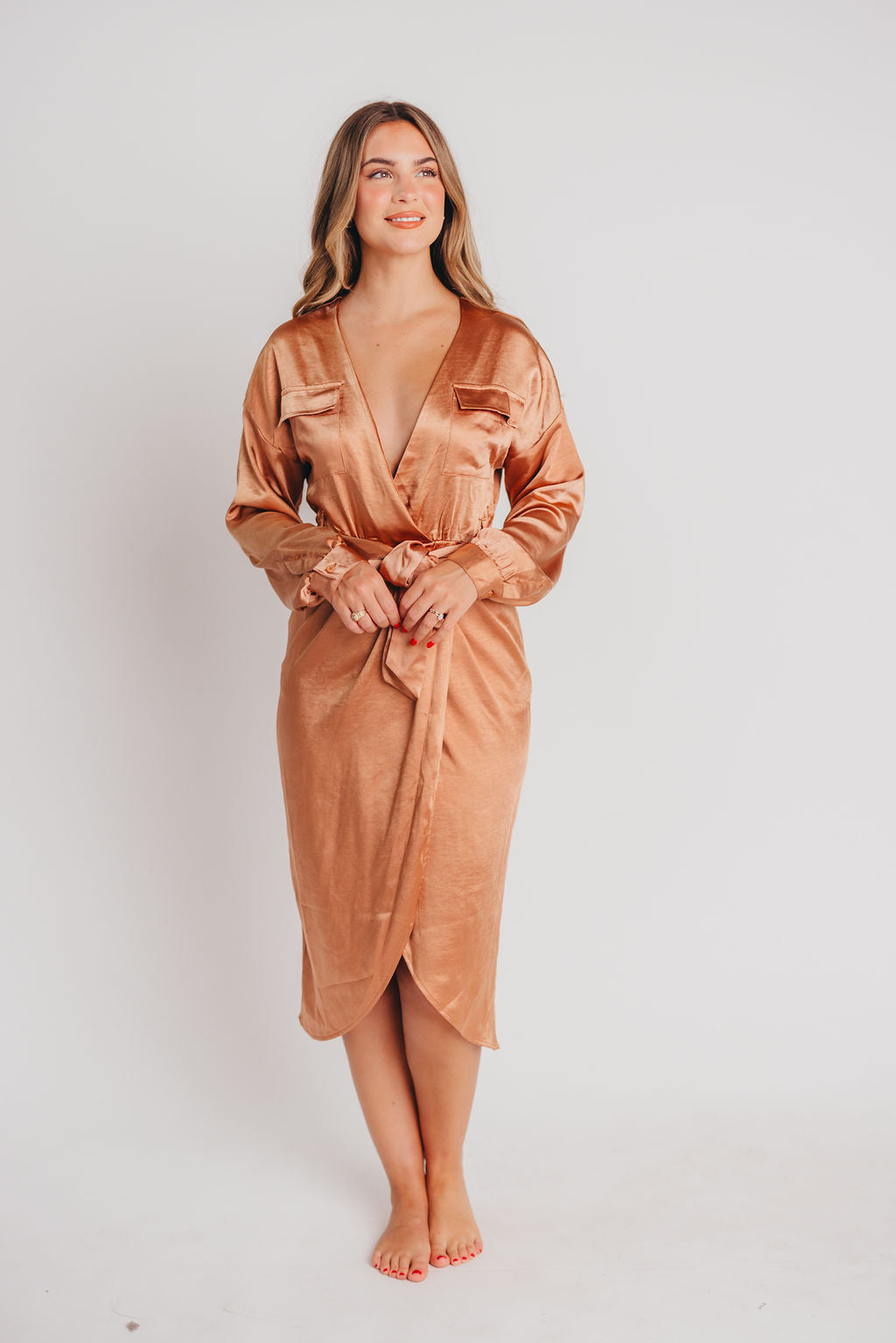 Stardust Satin Surplice Midi Dress in Dusty Salmon