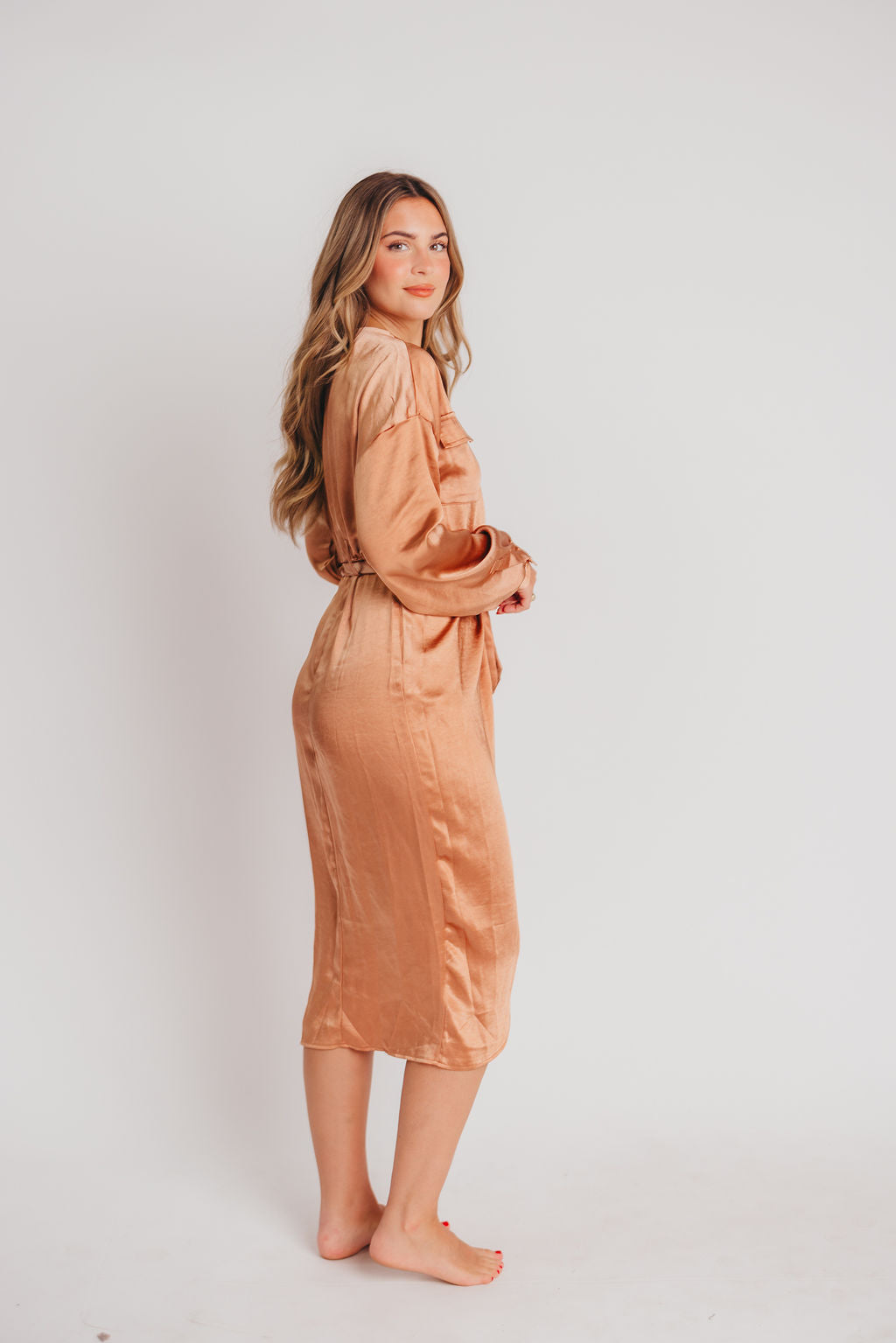 Stardust Satin Surplice Midi Dress in Dusty Salmon
