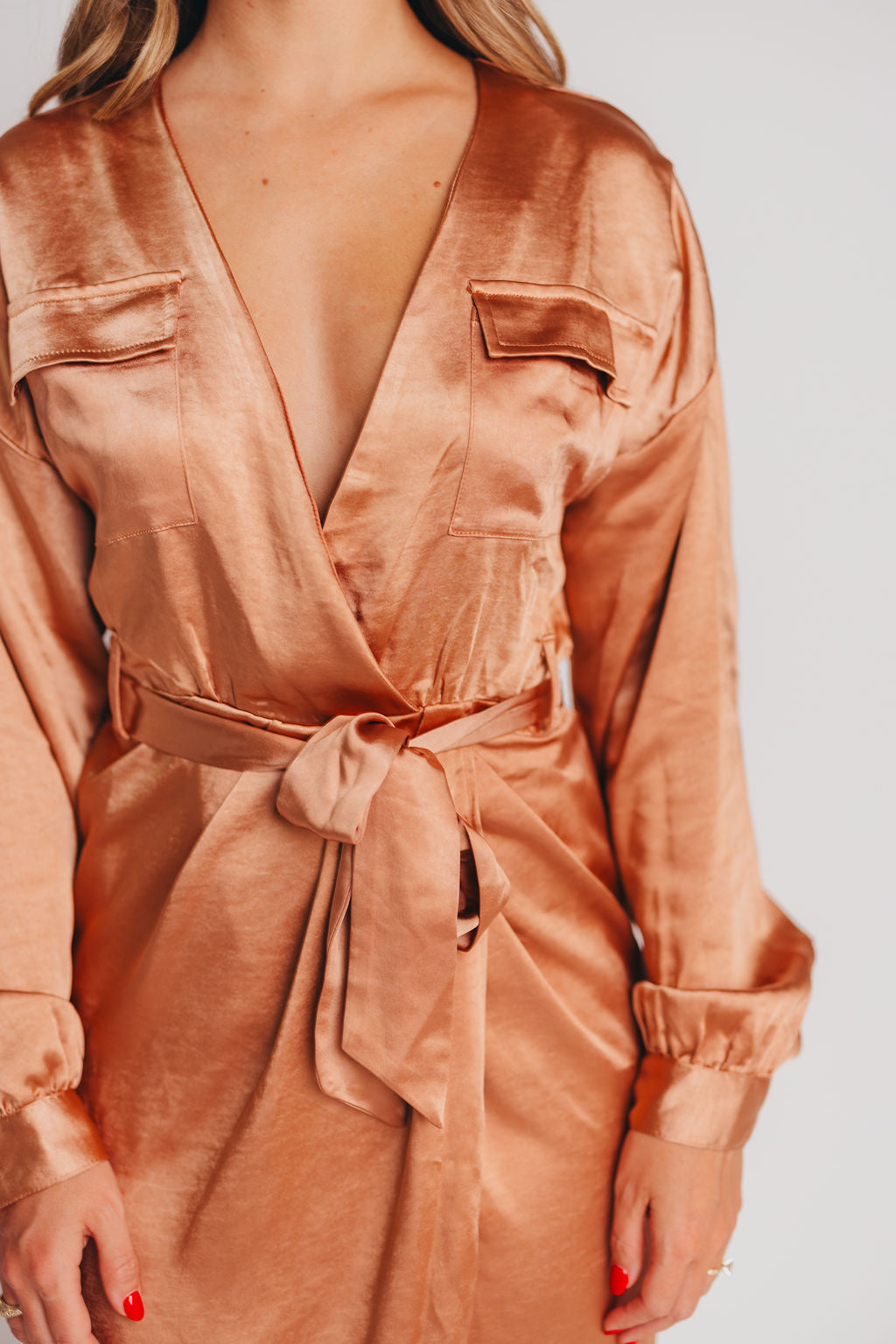 Stardust Satin Surplice Midi Dress in Dusty Salmon